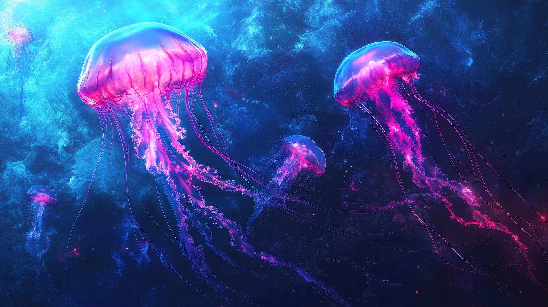 Pink and blue wallpaper featuring ethereal jellyfish with glowing tendrils.