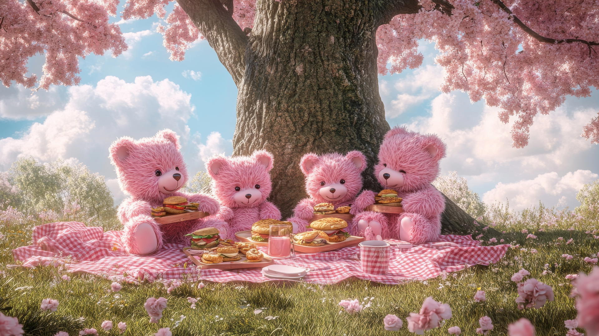 Cute pink wallpaper with fluffy teddy bears having a picnic under a tree.