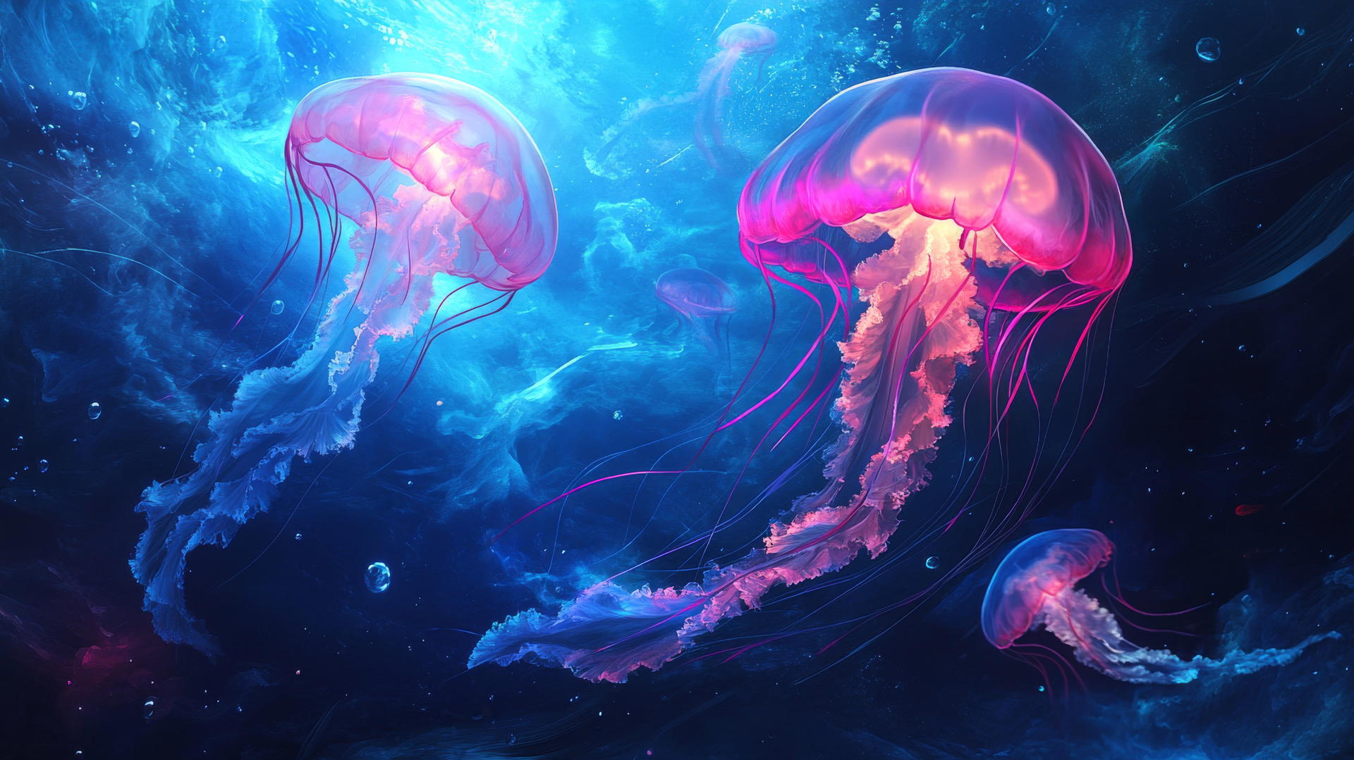 Pink and blue jellyfish with glowing tendrils in a serene underwater scene