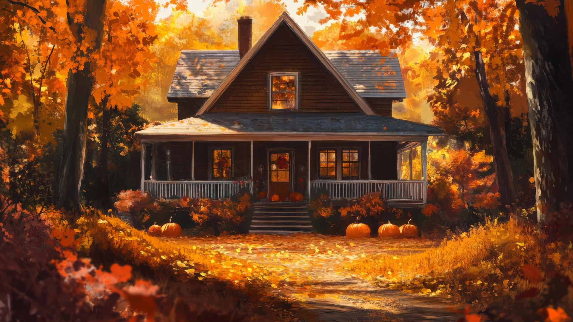 thanksgiving wallpaper of a farmhouse with fall foliage and pumpkins
