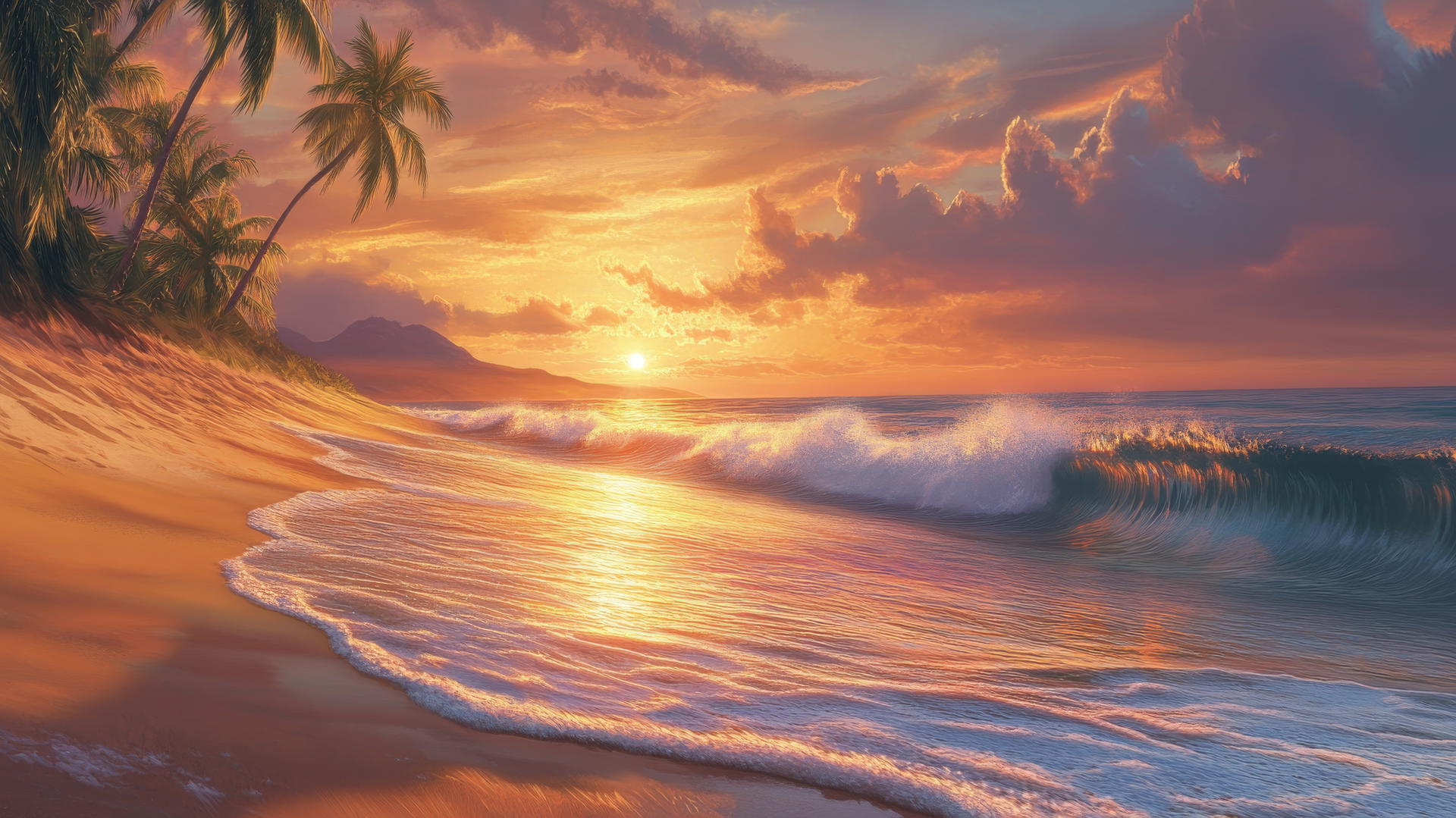 A relaxing summer wallpaper featuring a serene beach scene with soft waves on golden sand, colorful sunset, and swaying palm trees.