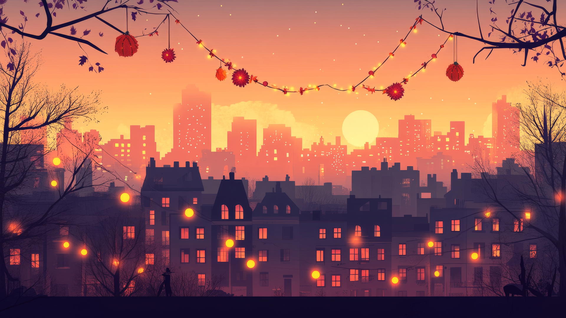 Thanksgiving wallpaper of a city skyline at sunset with decorations