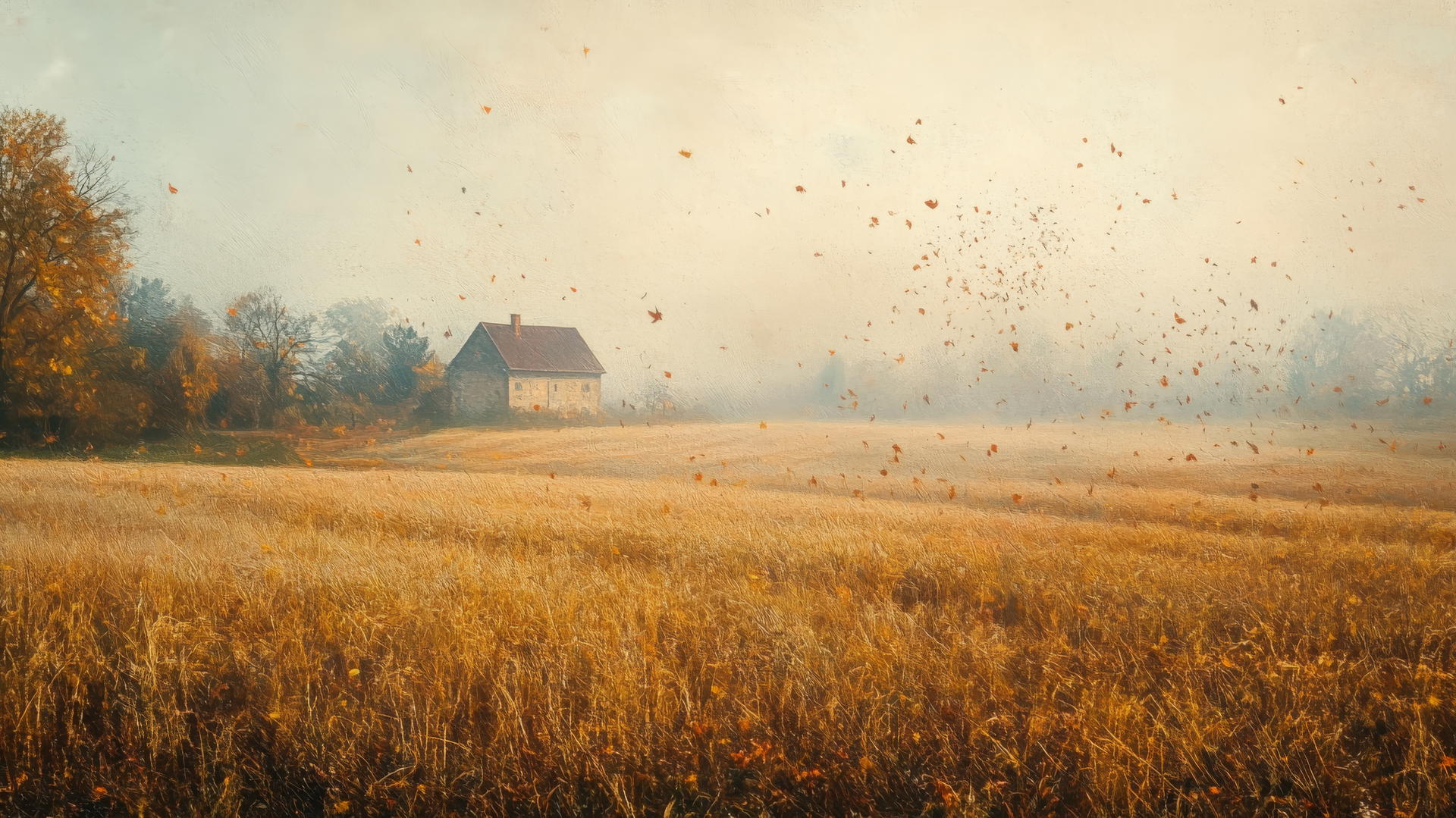 Aesthetic thanksgiving wallpaper with autumn mist, farmhouse, amber fields