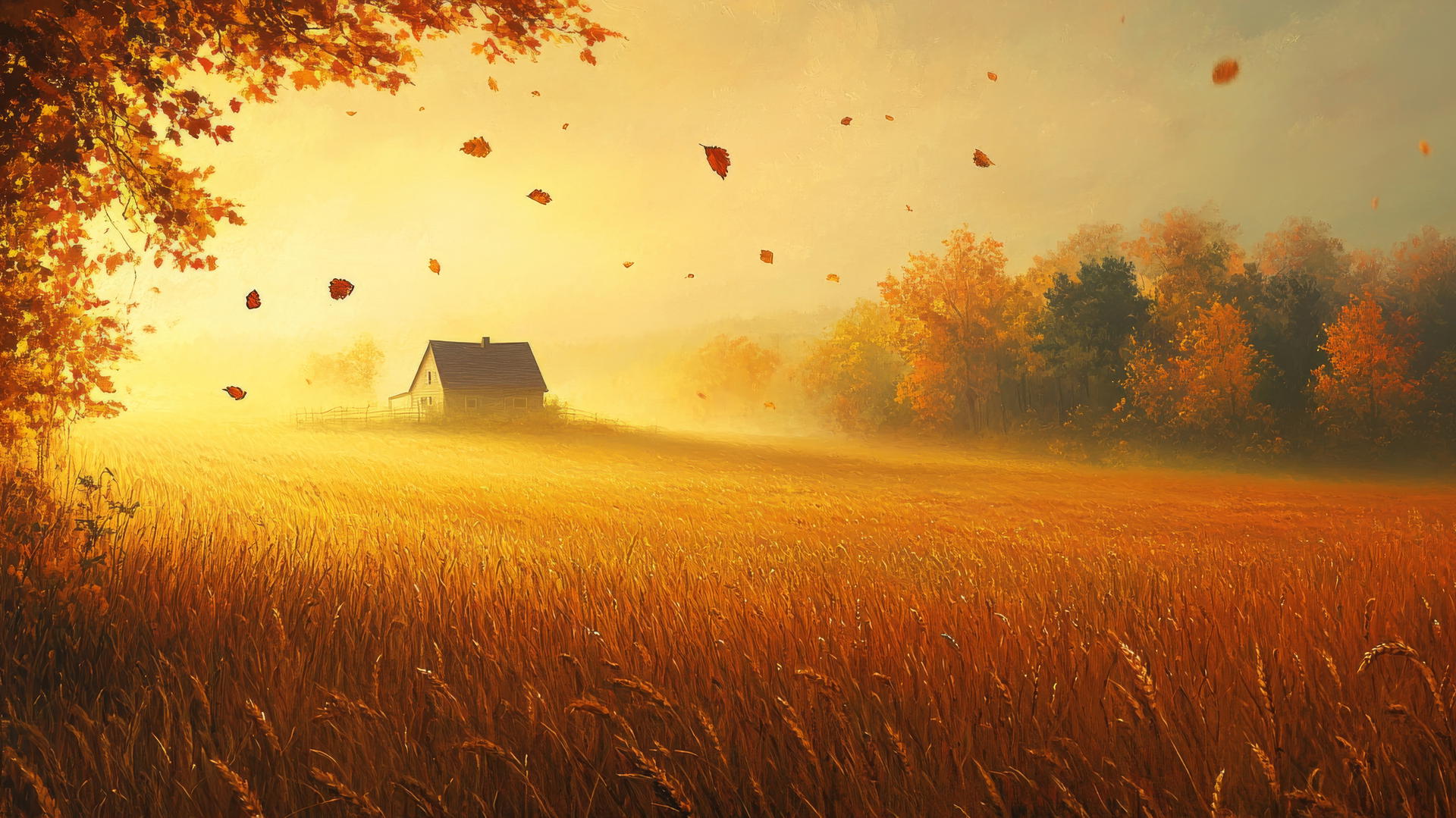 Aesthetic thanksgiving wallpaper of a misty autumn morning with farmhouse and amber fields