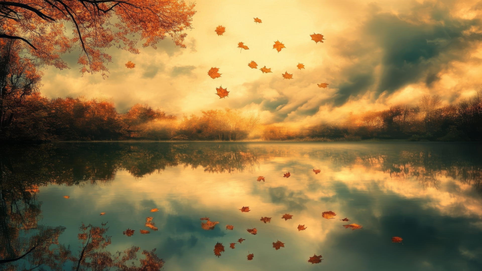 aesthetic thanksgiving wallpaper with golden leaves floating above a mirror-like pond