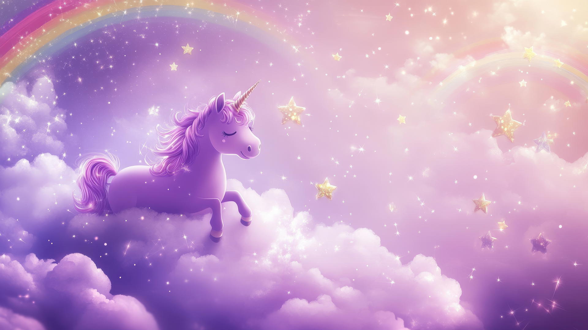 cute purple aesthetic wallpaper with a chubby unicorn on a cloud