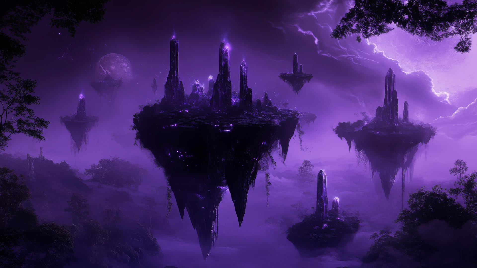 dark purple wallpaper with floating islands, glowing crystals, and mist