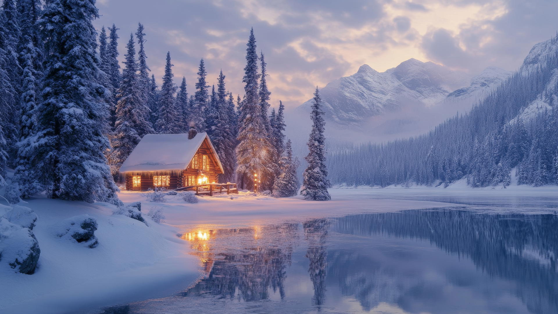 Beautiful winter wallpaper featuring a remote cabin by a frozen lake and snow-covered trees.