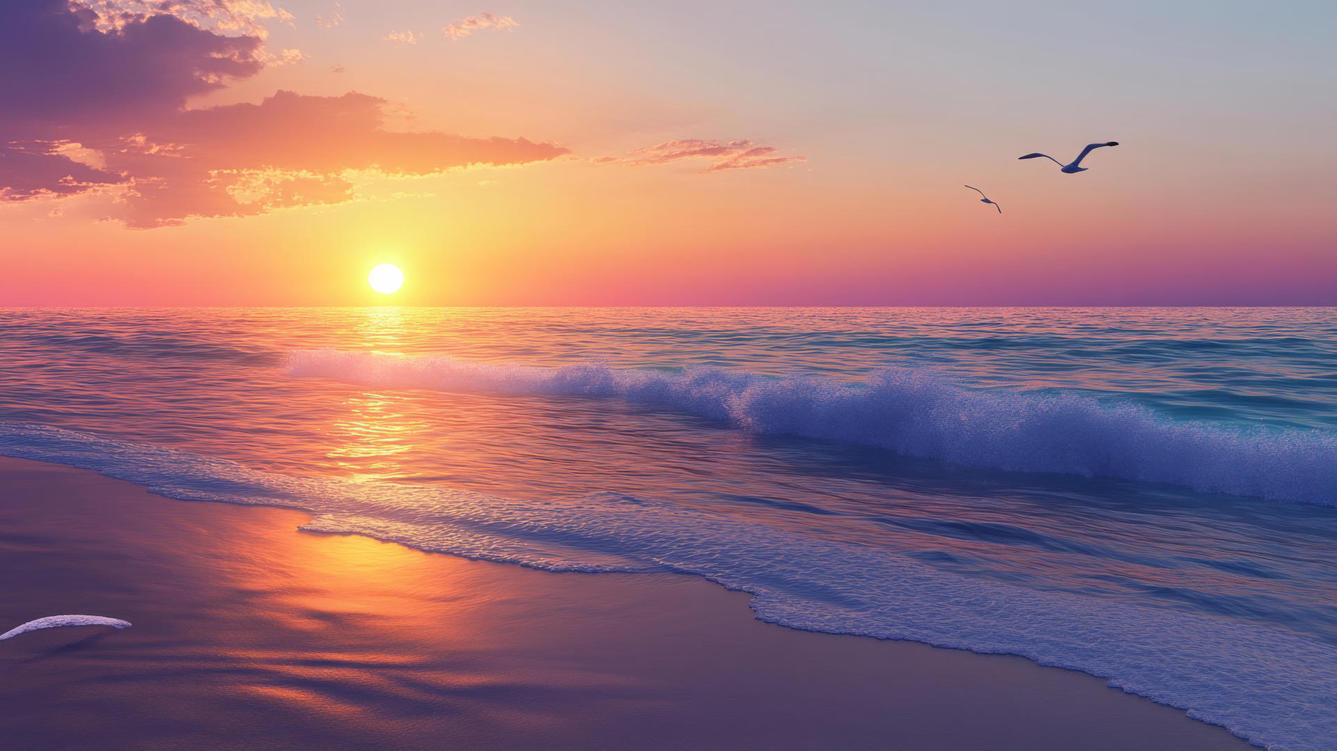 Colorful beach sunset wallpaper with long shadows, flying seagulls, and sparkling waves.