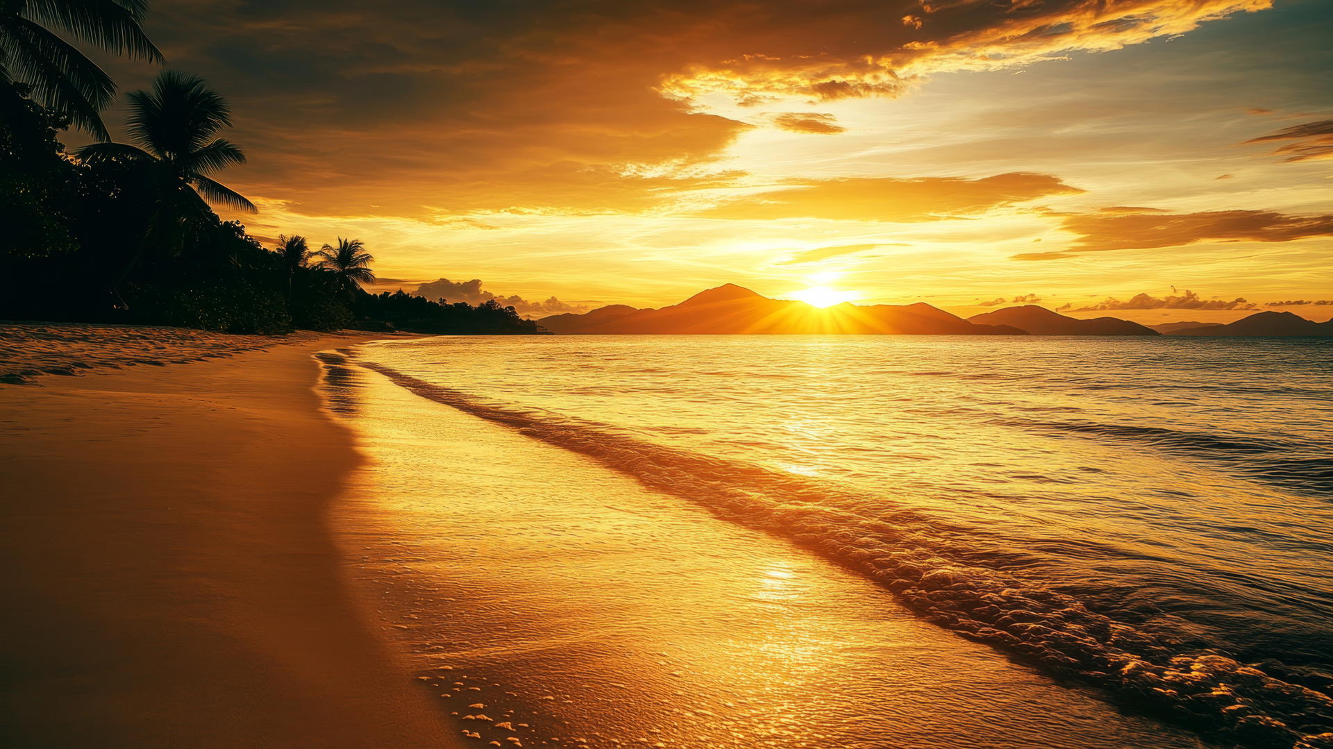 beach wallpaper aesthetic with glowing sunset, soft golden light, silhouetted mountains, and palm trees