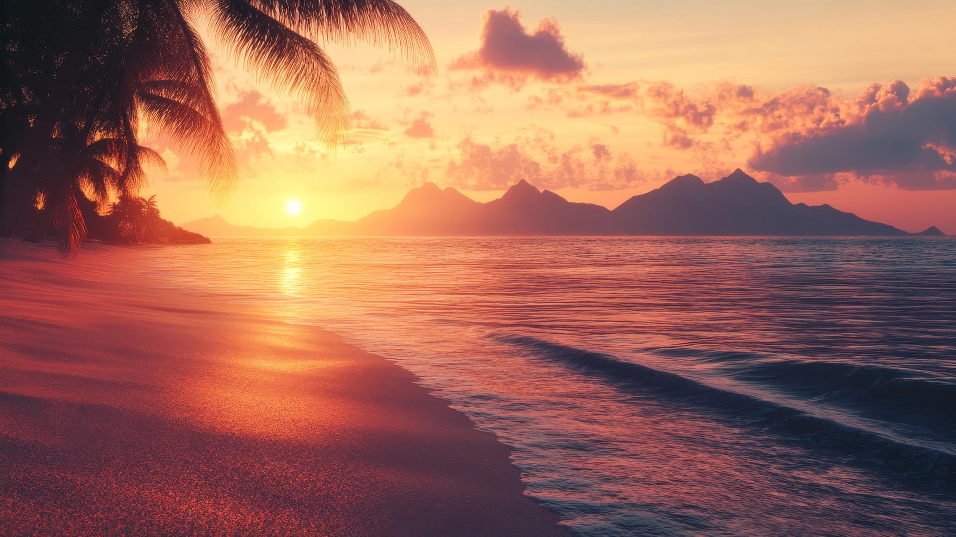 beach wallpaper aesthetic with glowing sunset, golden sand, and palm trees