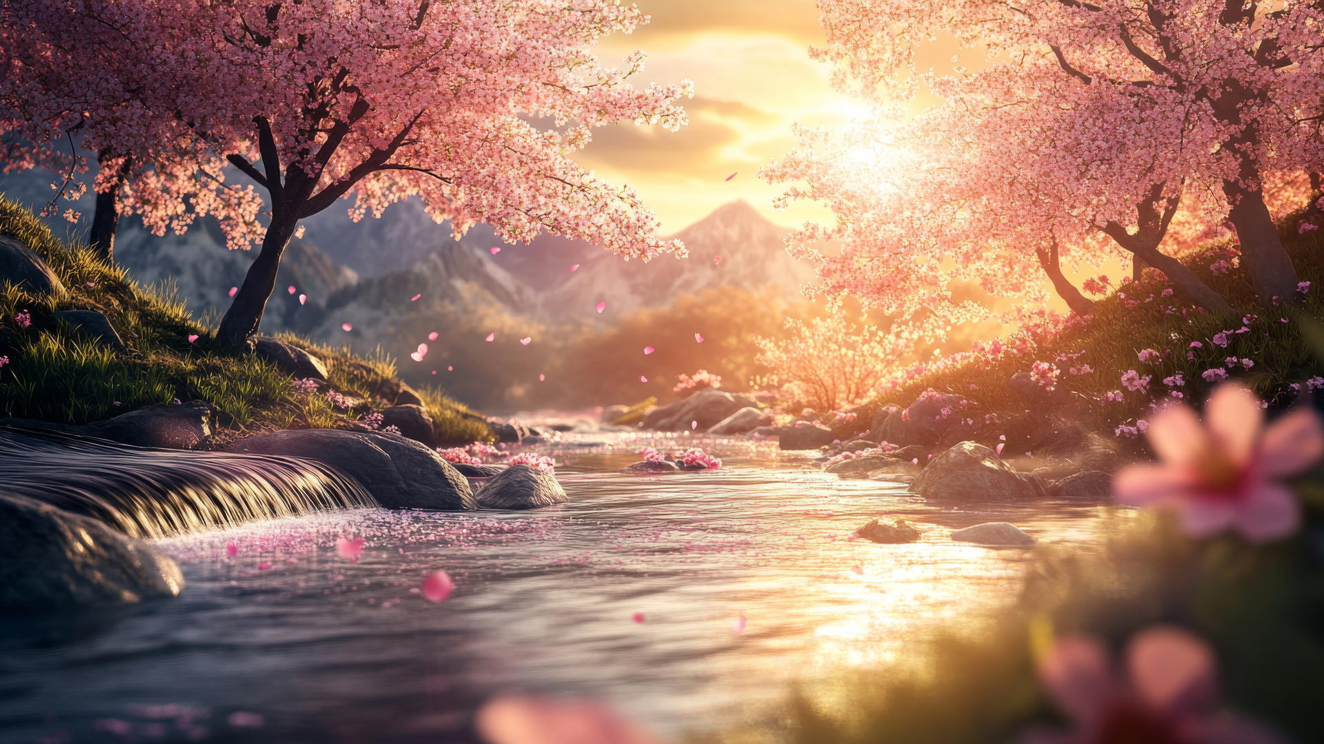 spring aesthetic wallpaper with cherry blossoms, streams, and golden light