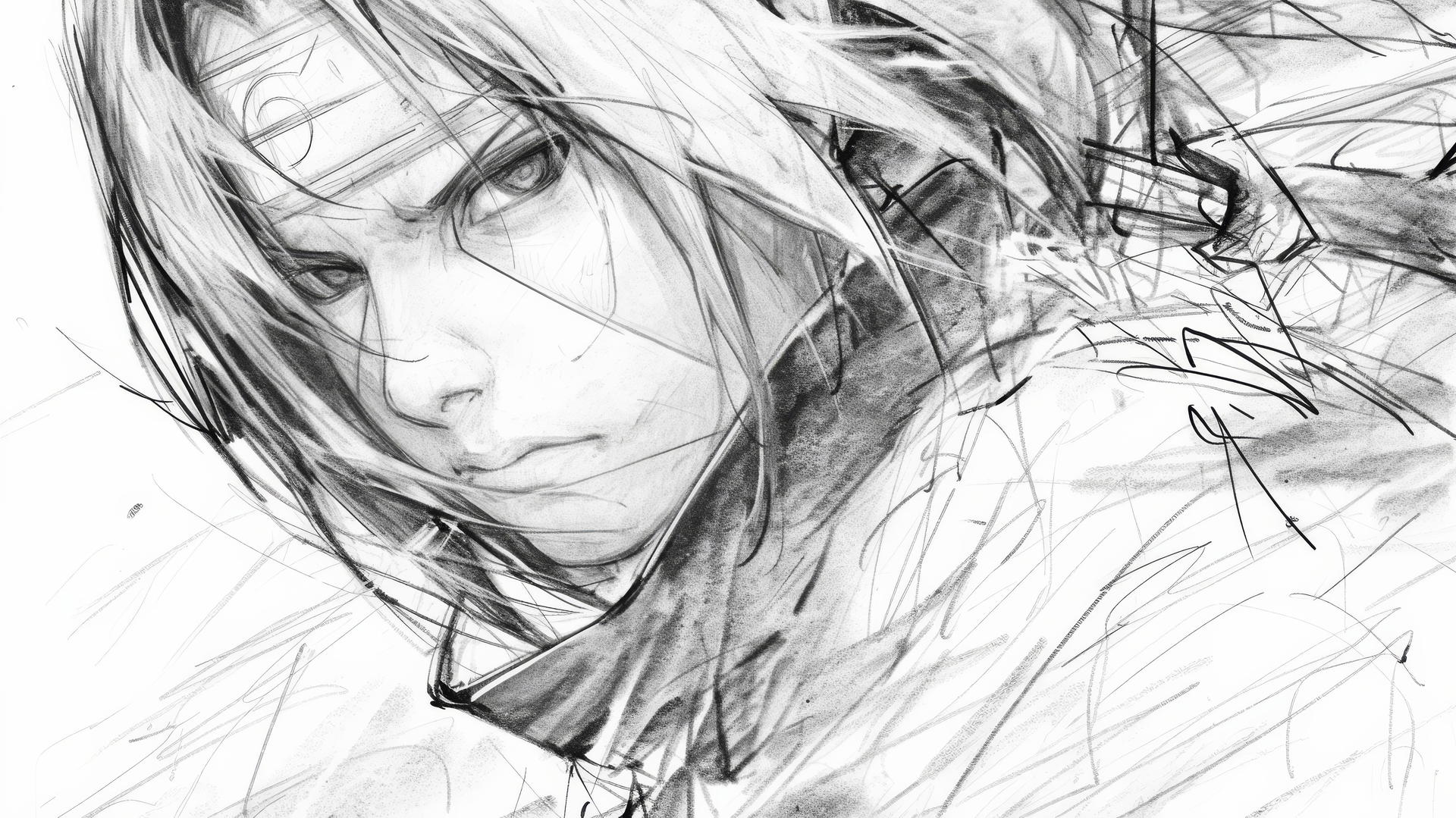 itachi uchiha drawing with detailed pencil sketch, three-quarter view, intricate shading, serious expression