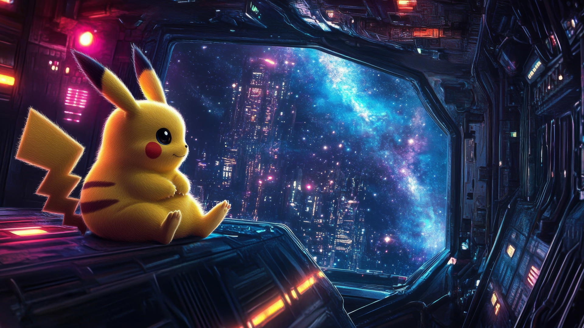 Pikachu relaxing in a futuristic spaceship, gazing at stars