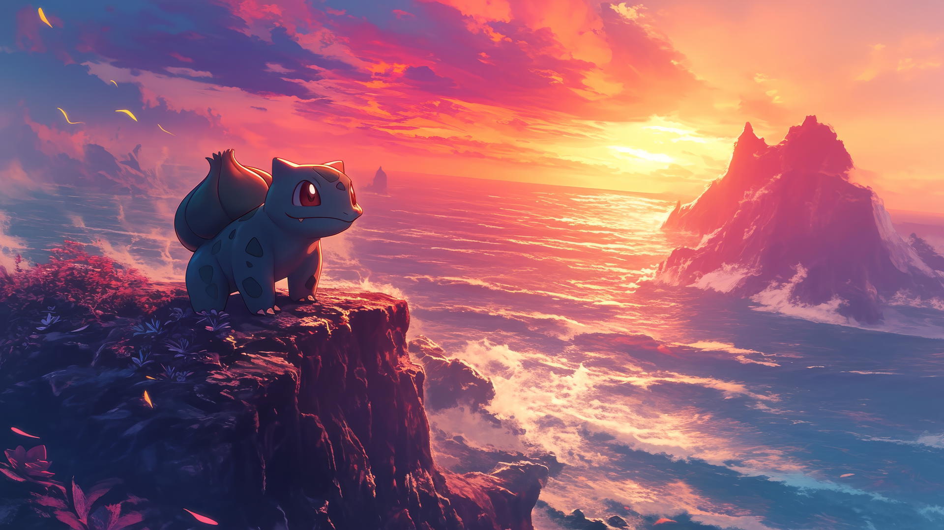 Bulbasaur overlooking a vast ocean at sunset