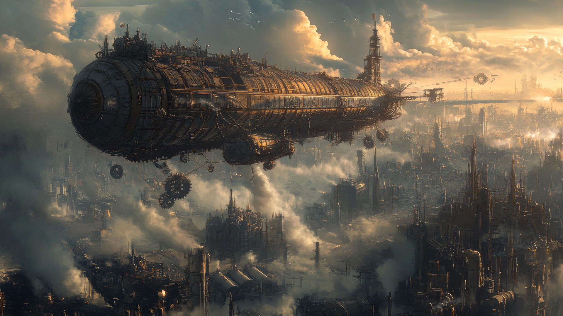 cool wallpaper for boys of a steampunk airship flying over an industrial city