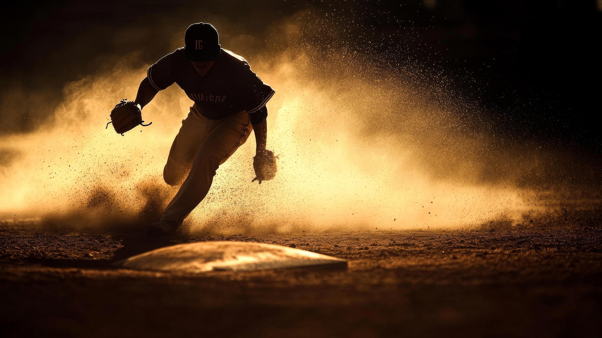 Silhouette of a baseball player sliding into a glowing home plate.