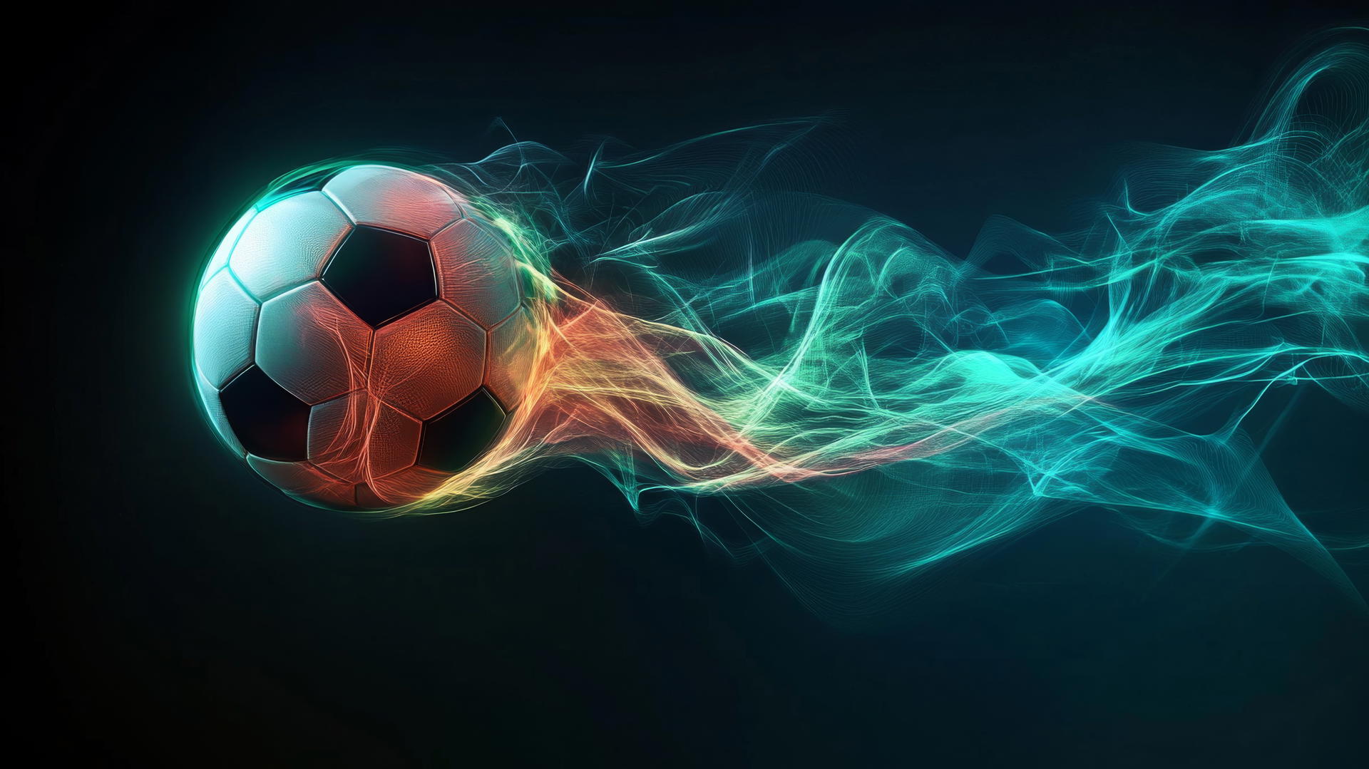 Spinning soccer ball with neon patterns and motion trails on black background