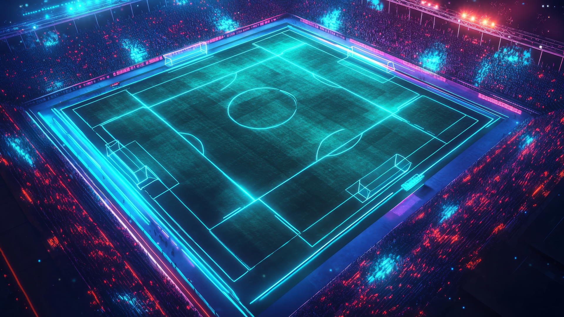 Aerial view of a soccer stadium with glowing pitch lines and neon lights highlighting the crowd.