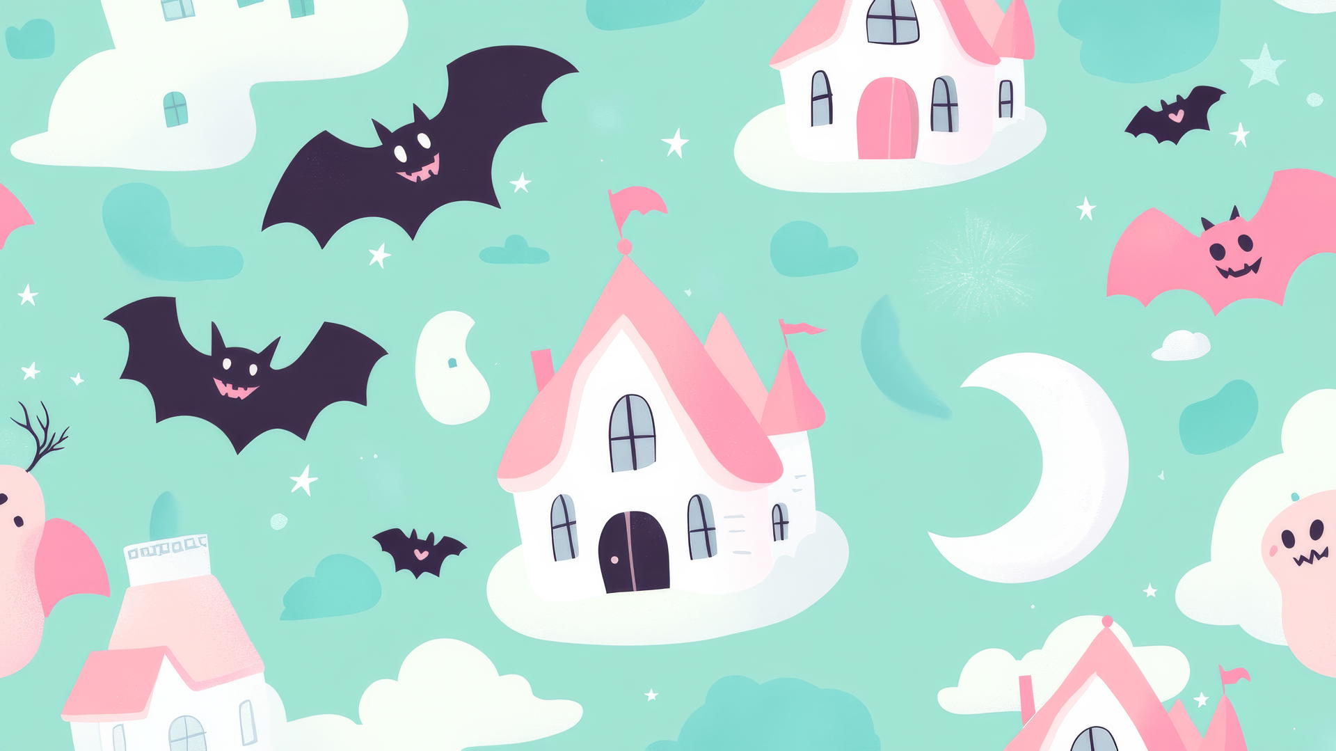 Playful bats and haunted houses on mint green