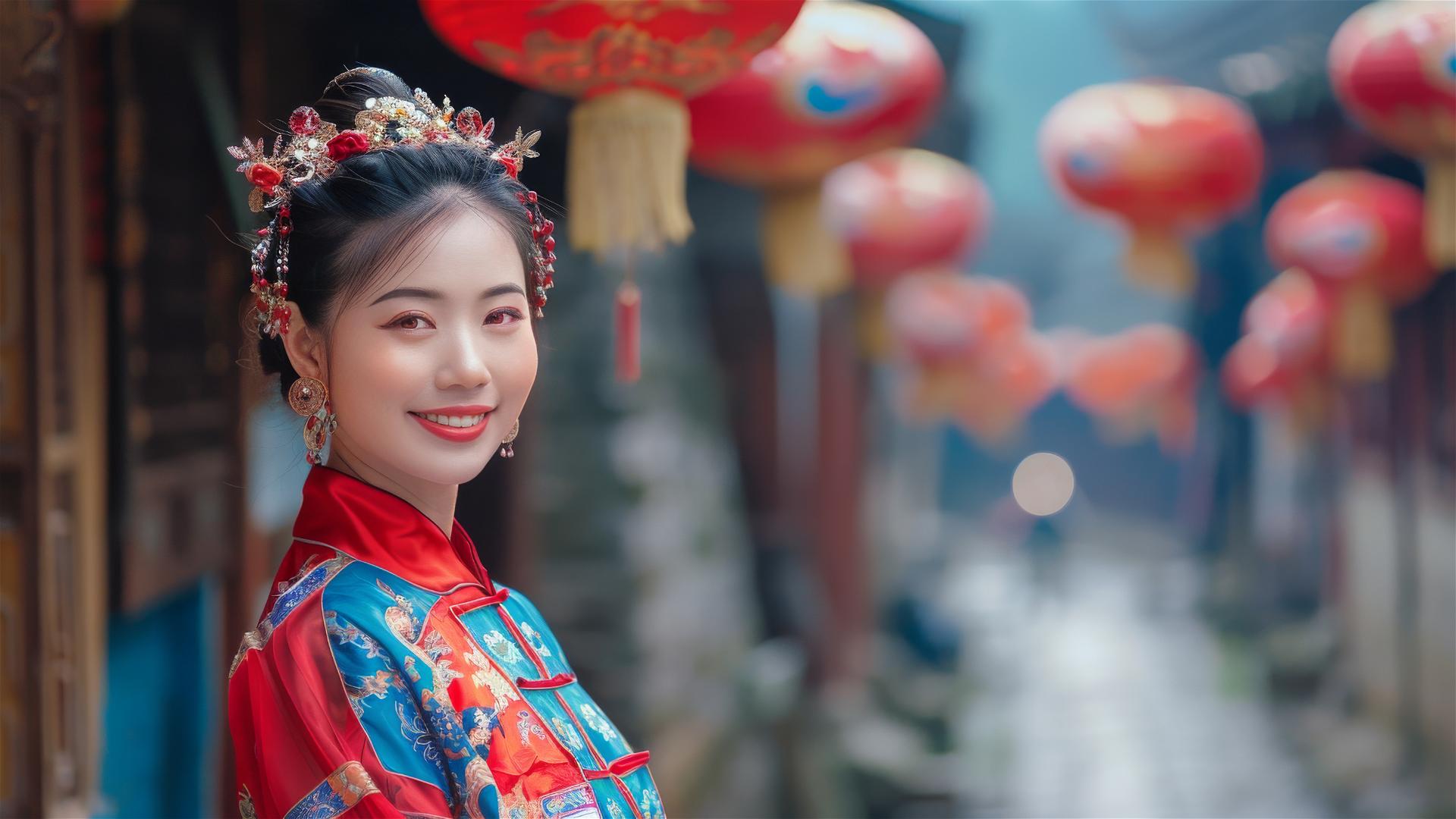 Ni Ni smiling in red and blue Zhuang attire, small town background, photo by Chen Man