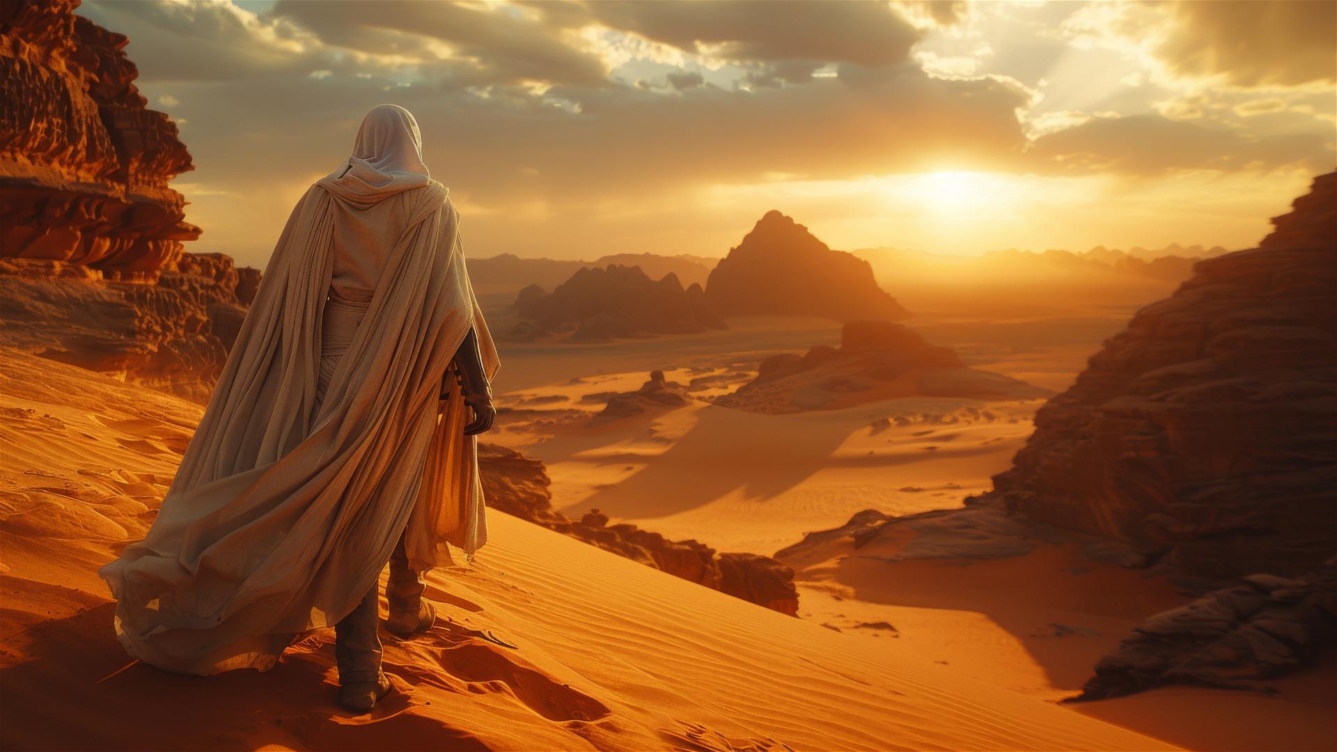 Solitary figure in white robe walking into horizon on sand dune, futuristic desert scene.