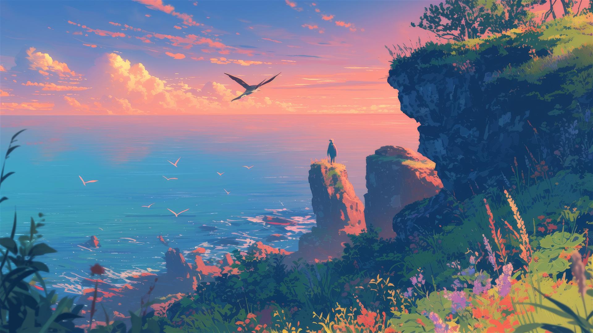Ghibli-style cliff at dawn with wildflowers, sea mist, and birds.