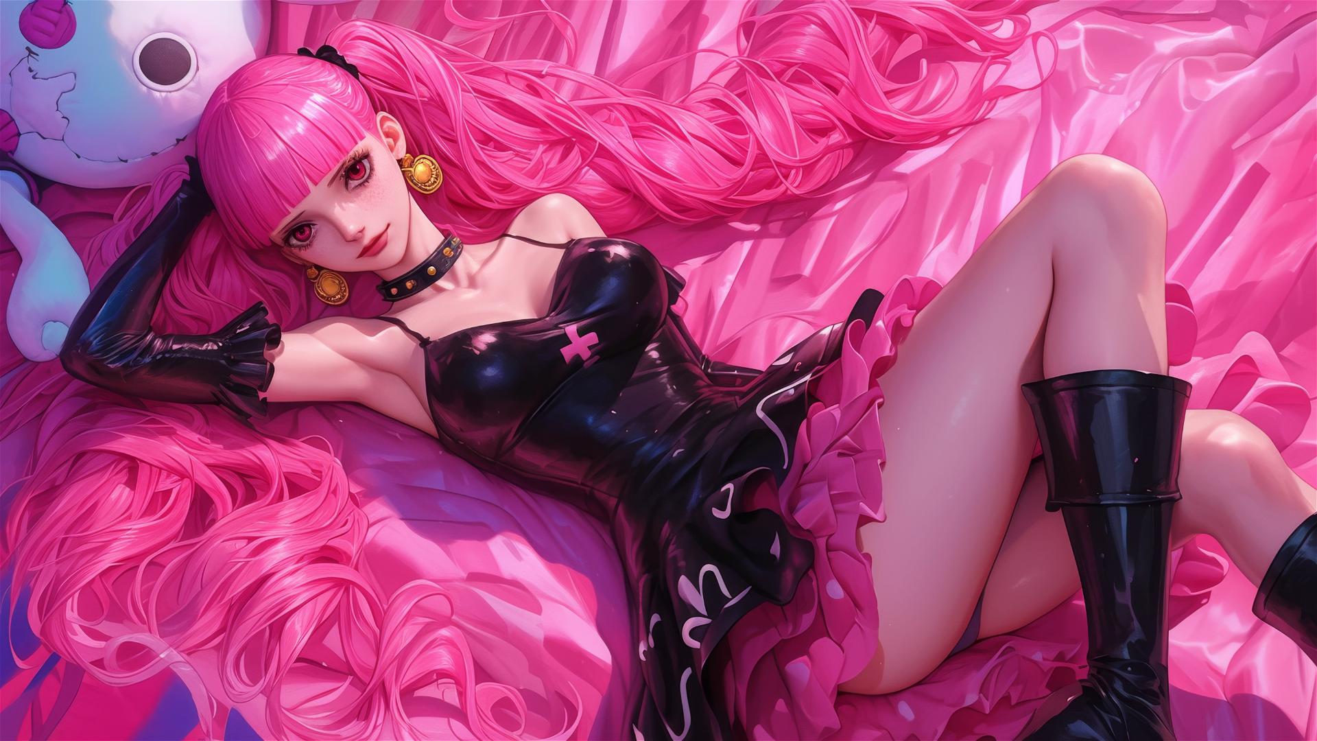 Perona from One Piece in black and pink leather on a bed under neon pink light.