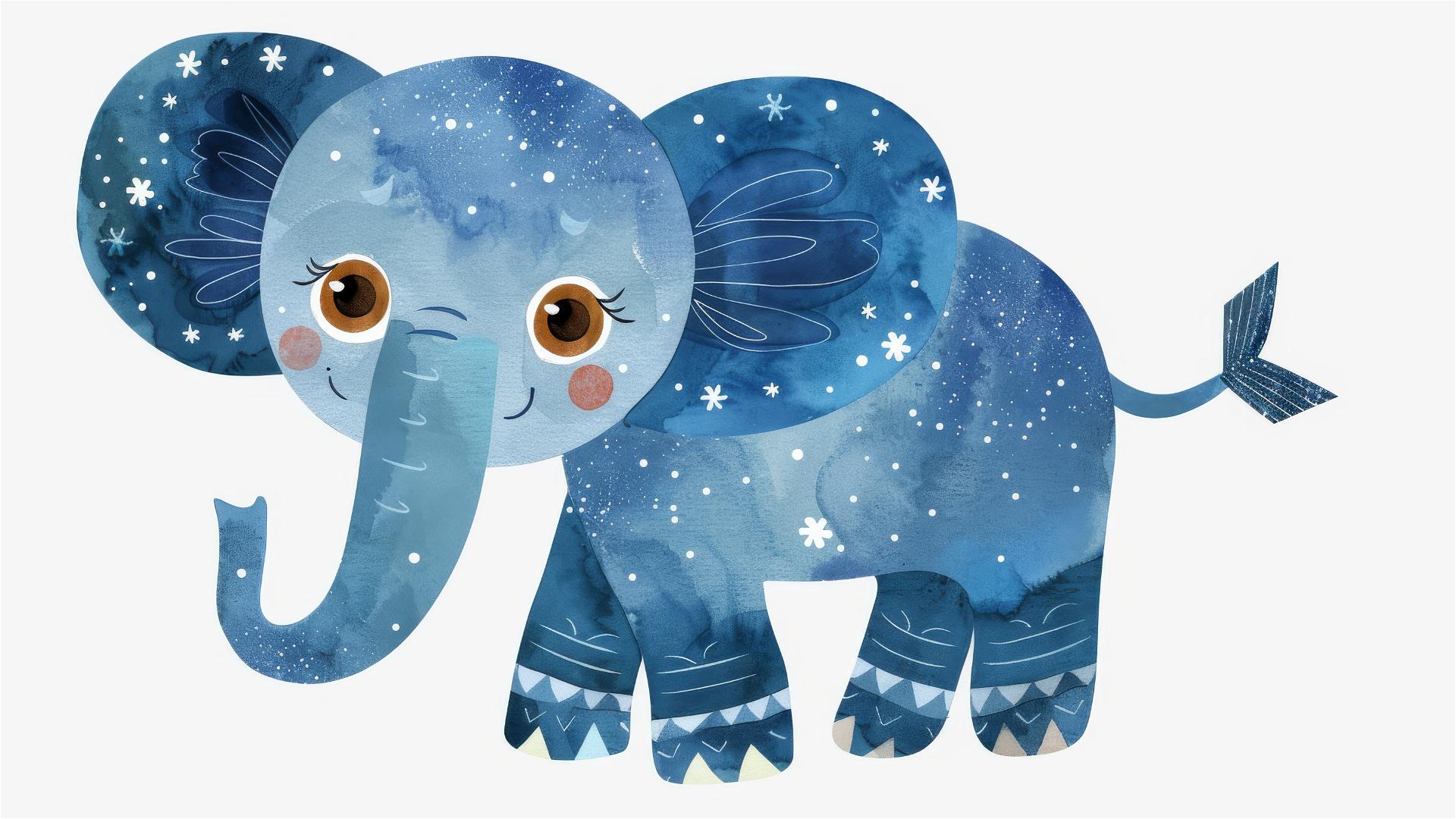 Pixar-style blue elephant with whimsical details for nursery art.
