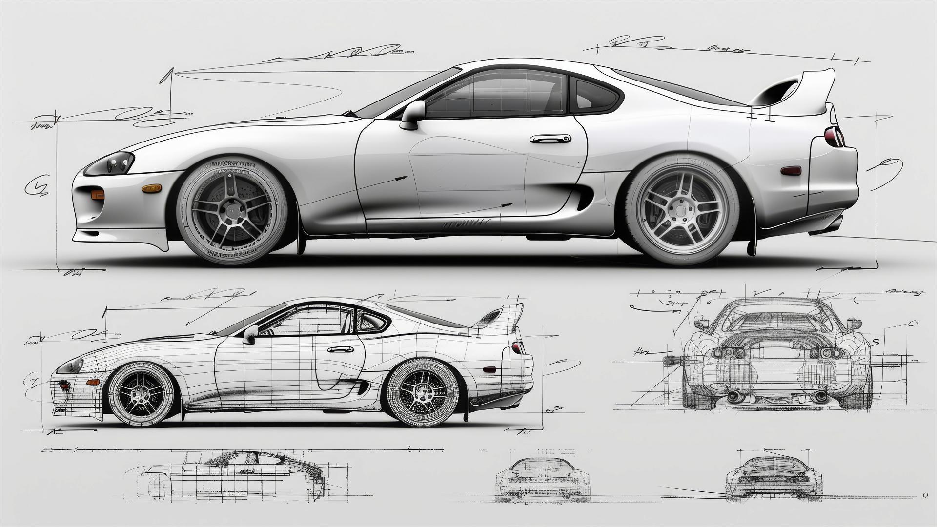 Black and white Toyota Supra blueprint and sketch.