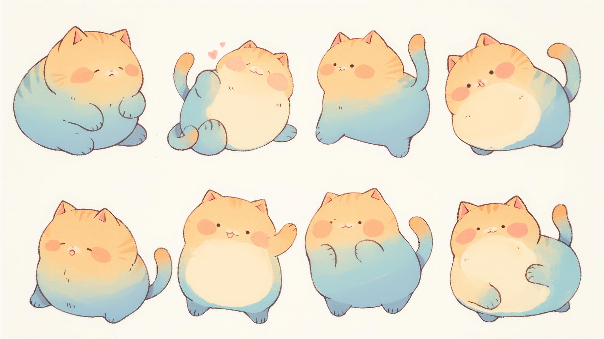 Kawaii fat cat in pastel-toned funny poses.