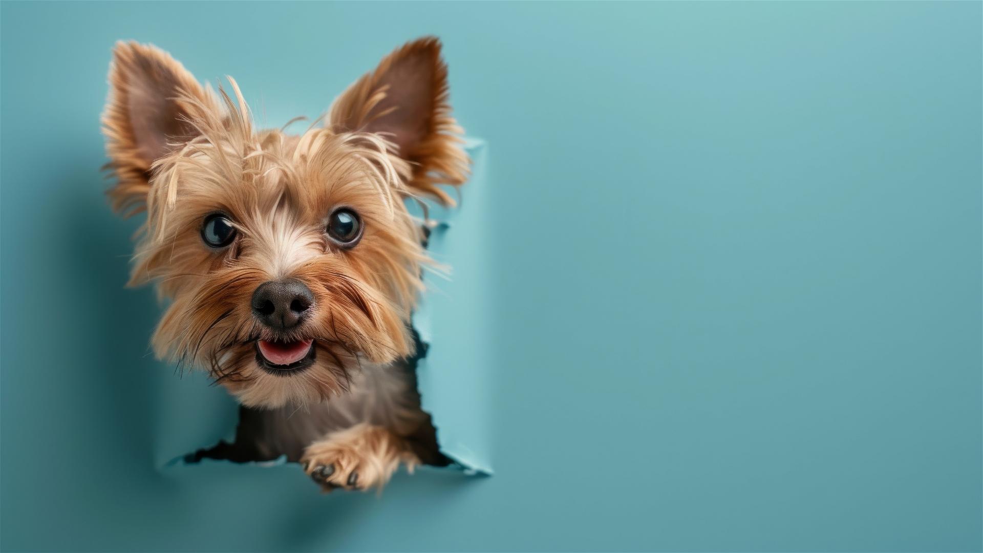 Yorkshire Terrier peeking through hole in sky blue paper