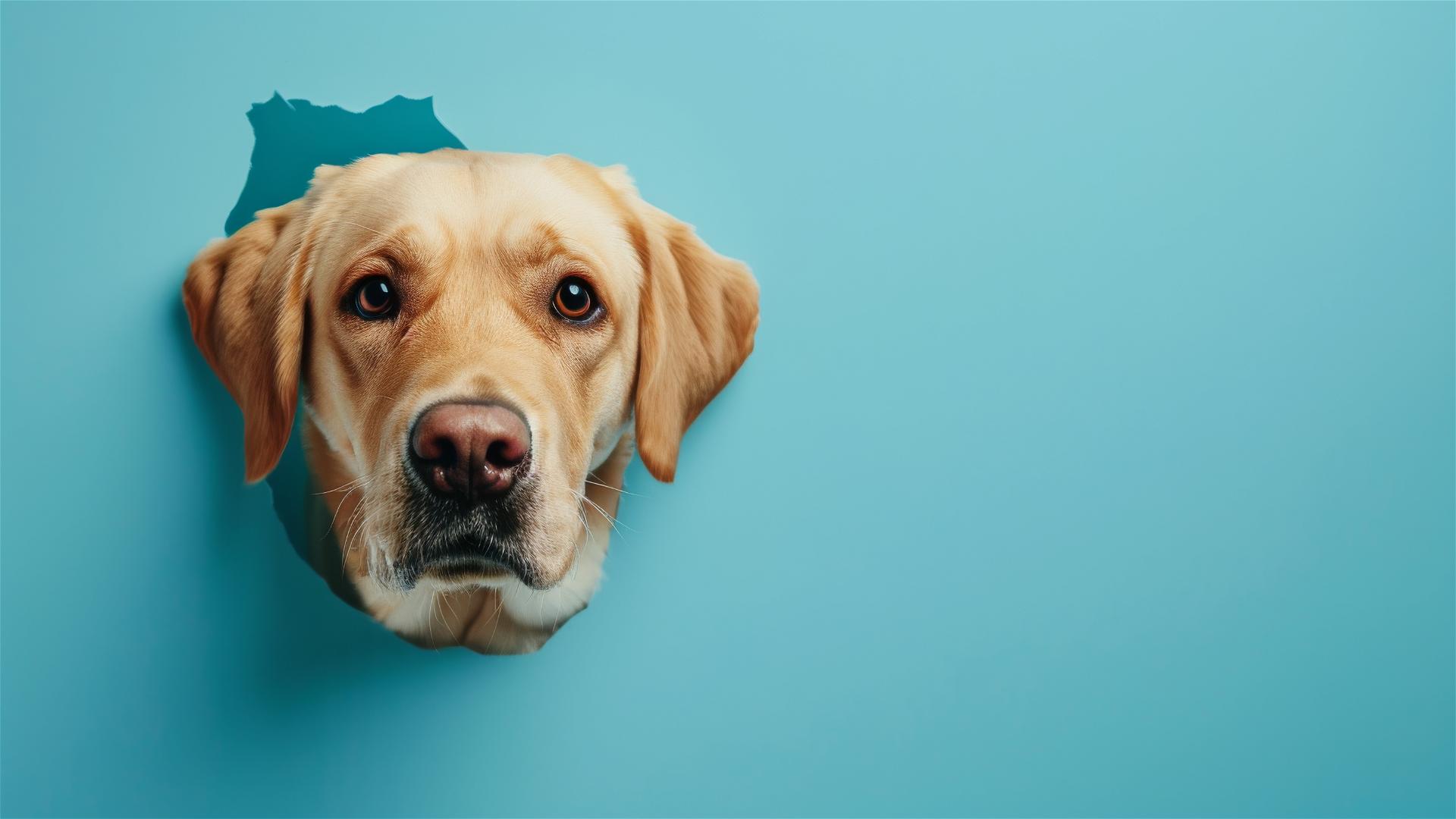Labrador Retriever peeking through hole in sky blue paper