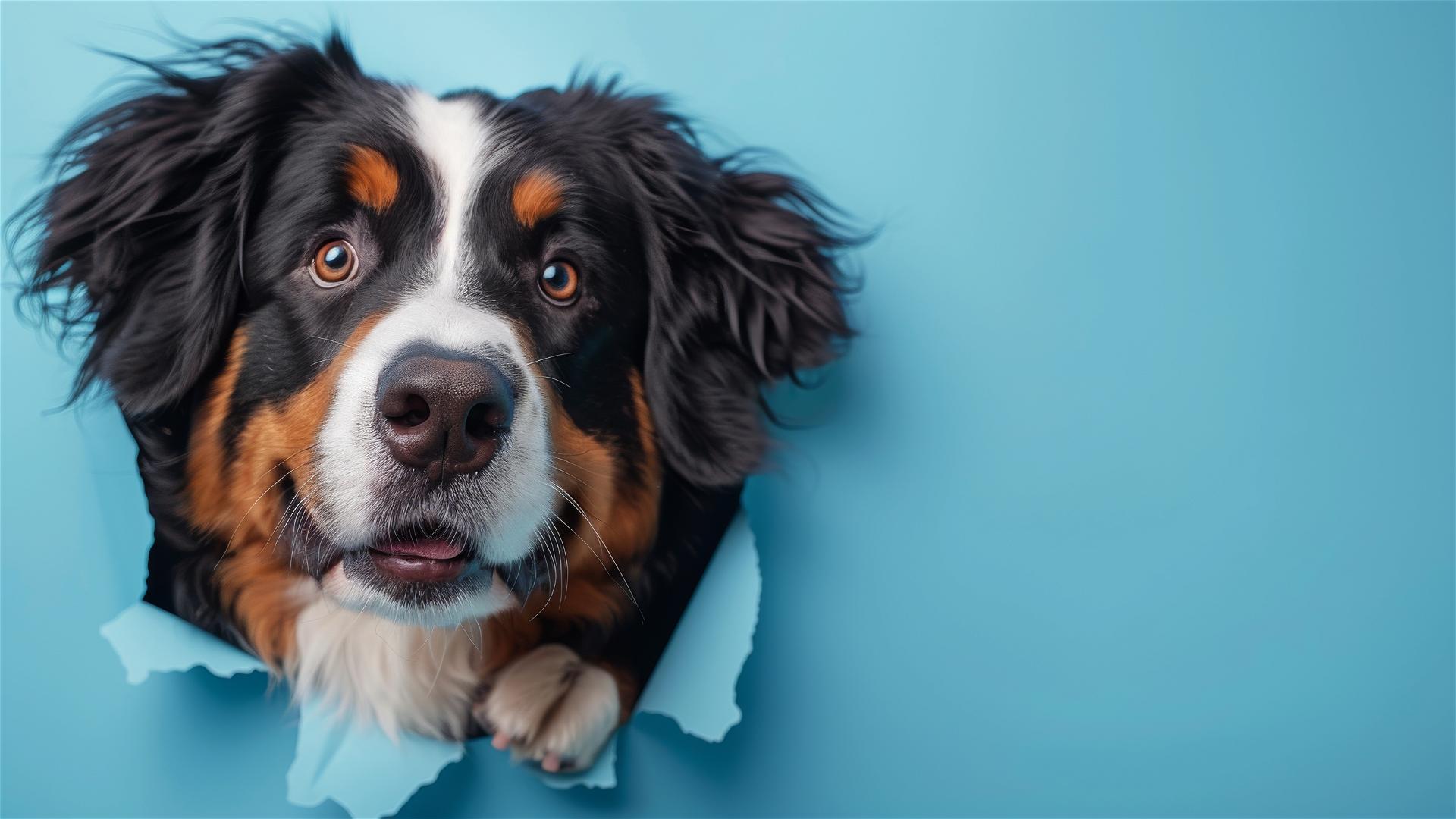 Bernese Mountain Dog peeking through sky blue paper