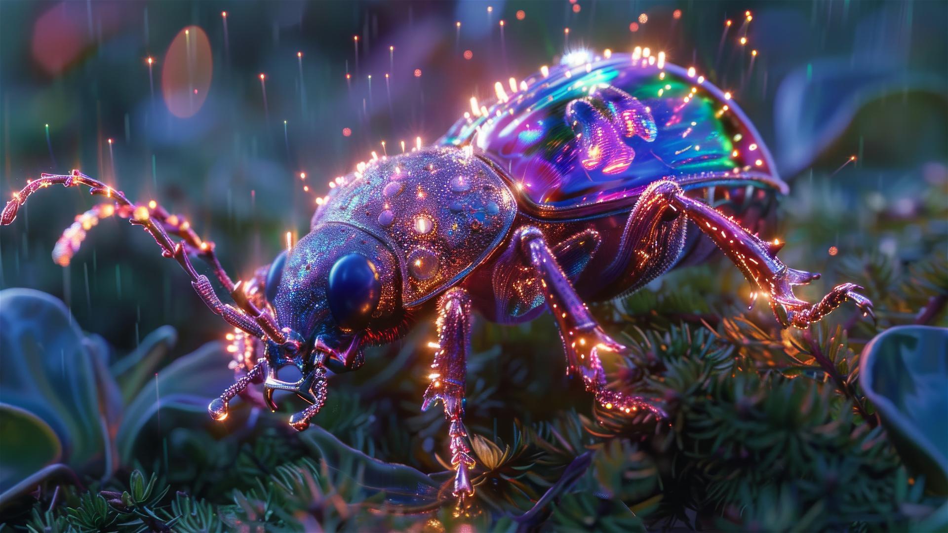Translucent dark purple glass, unicorn beetle with neon body in blue-green neon forest