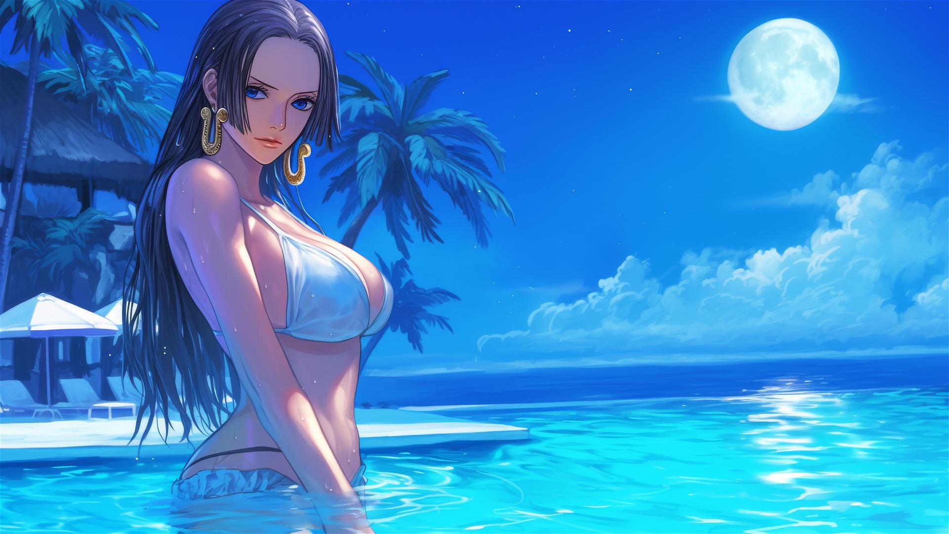 Boa Hancock from One Piece standing in a pool under the moonlight