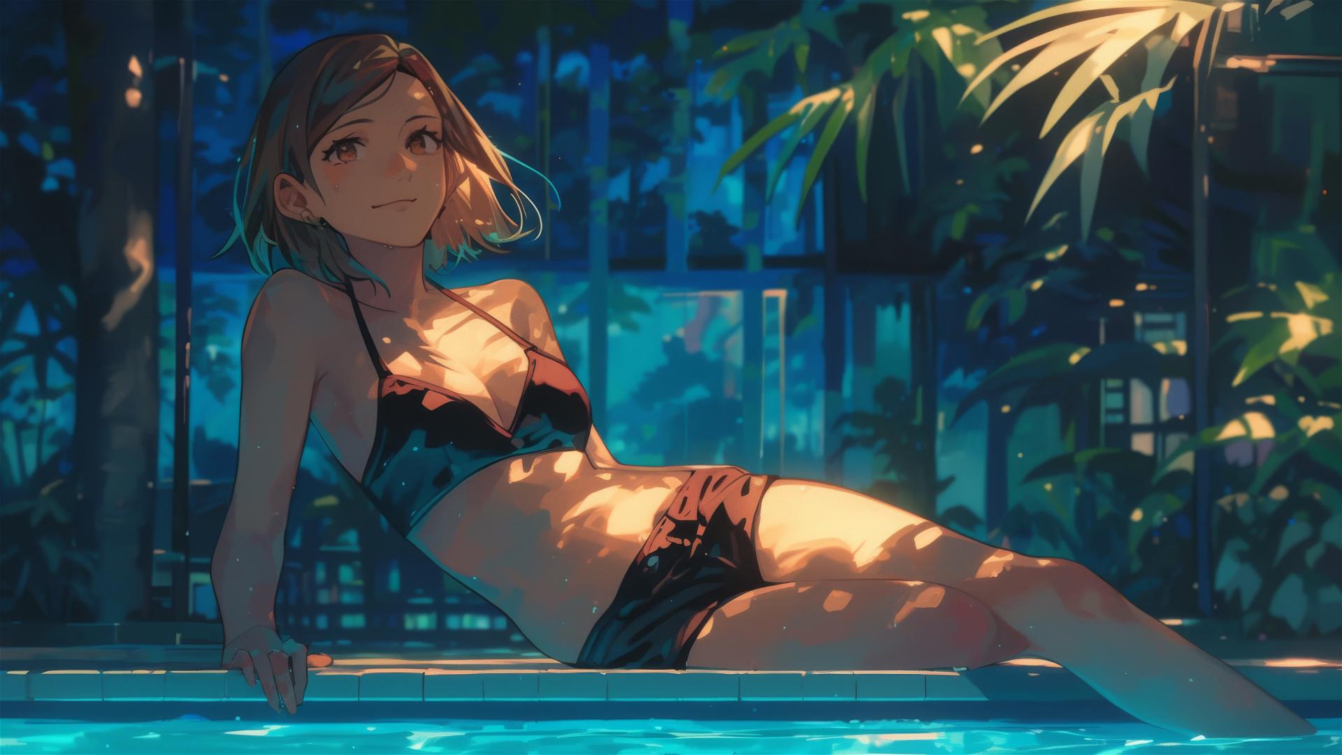 Nobara Kugisaki from Jujutsu Kaisen resting by pool under moonlight