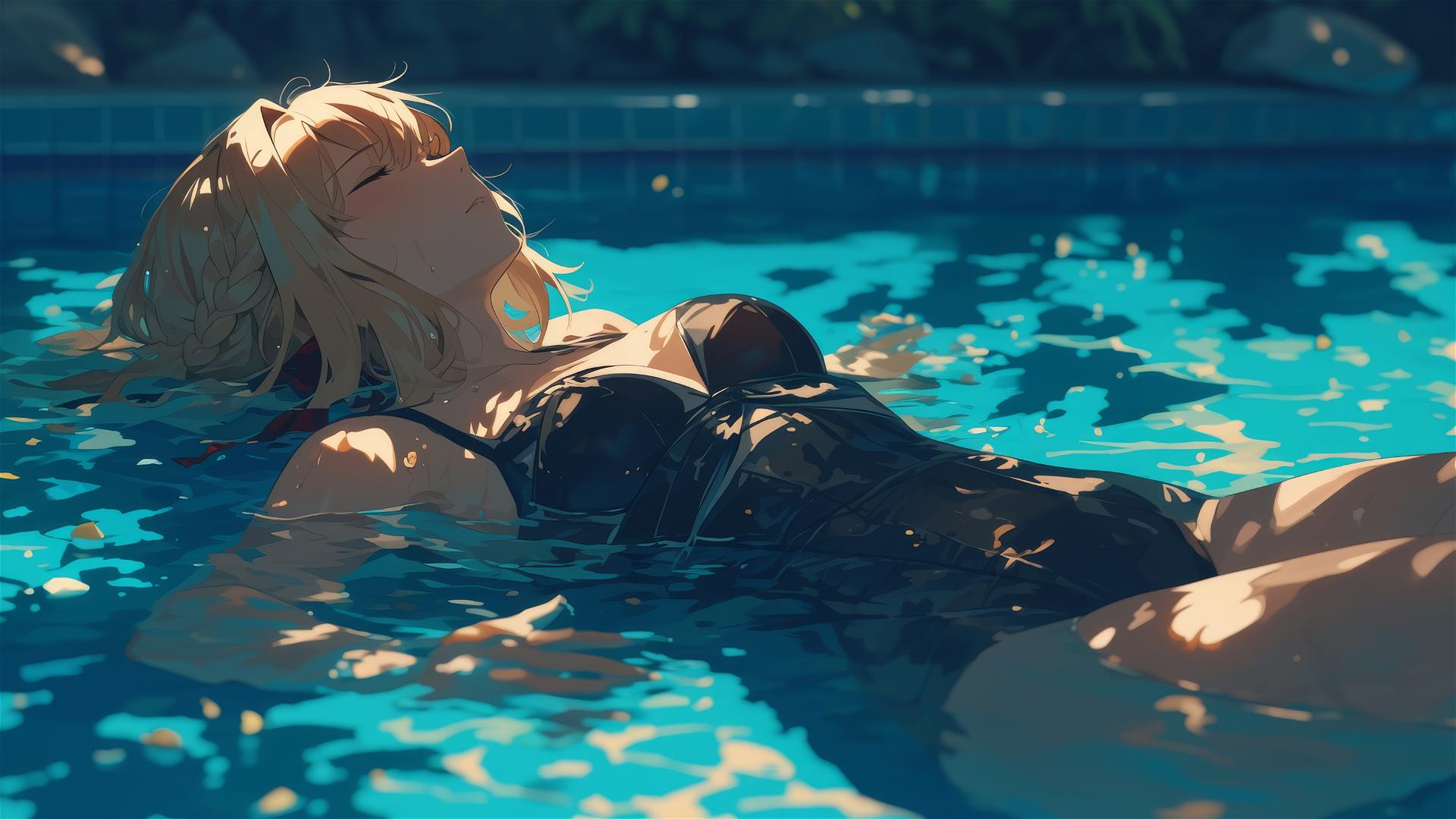 Violet Evergarden swimming, moonlight glow