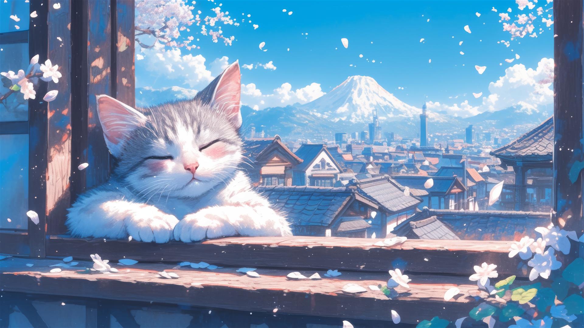 British Shorthair cat sleeping among colorful flowers in panoramic animation style