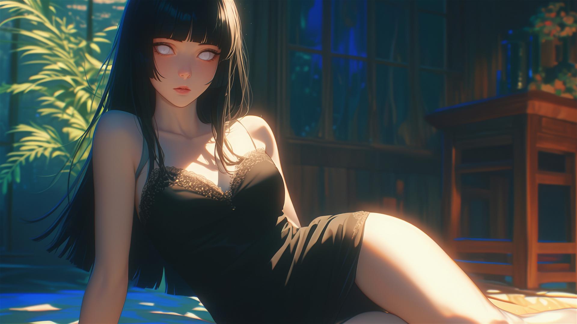 Hinata Hyuga from Naruto sitting at modern hotel with warm light and white eyes