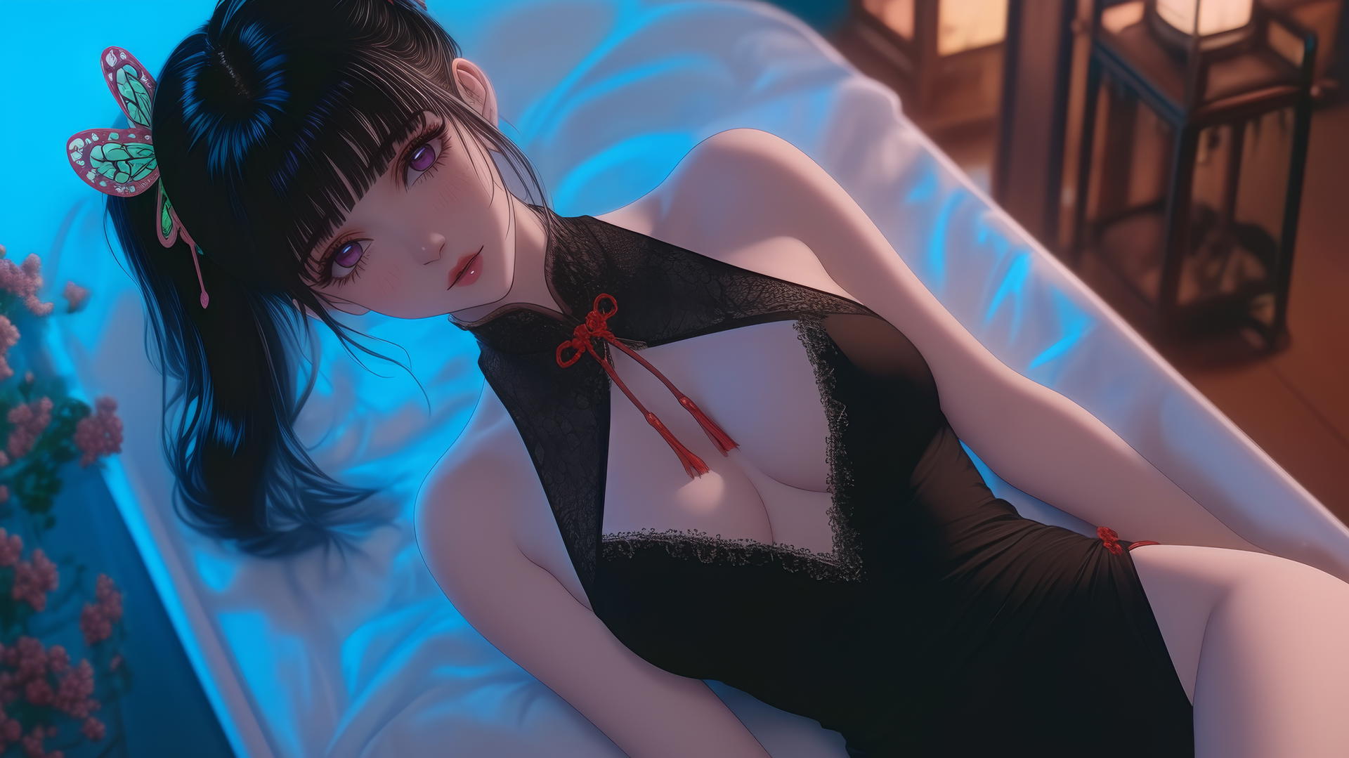 Kanao Tsuyuri resting in a tub, warm light highlighting her figure.