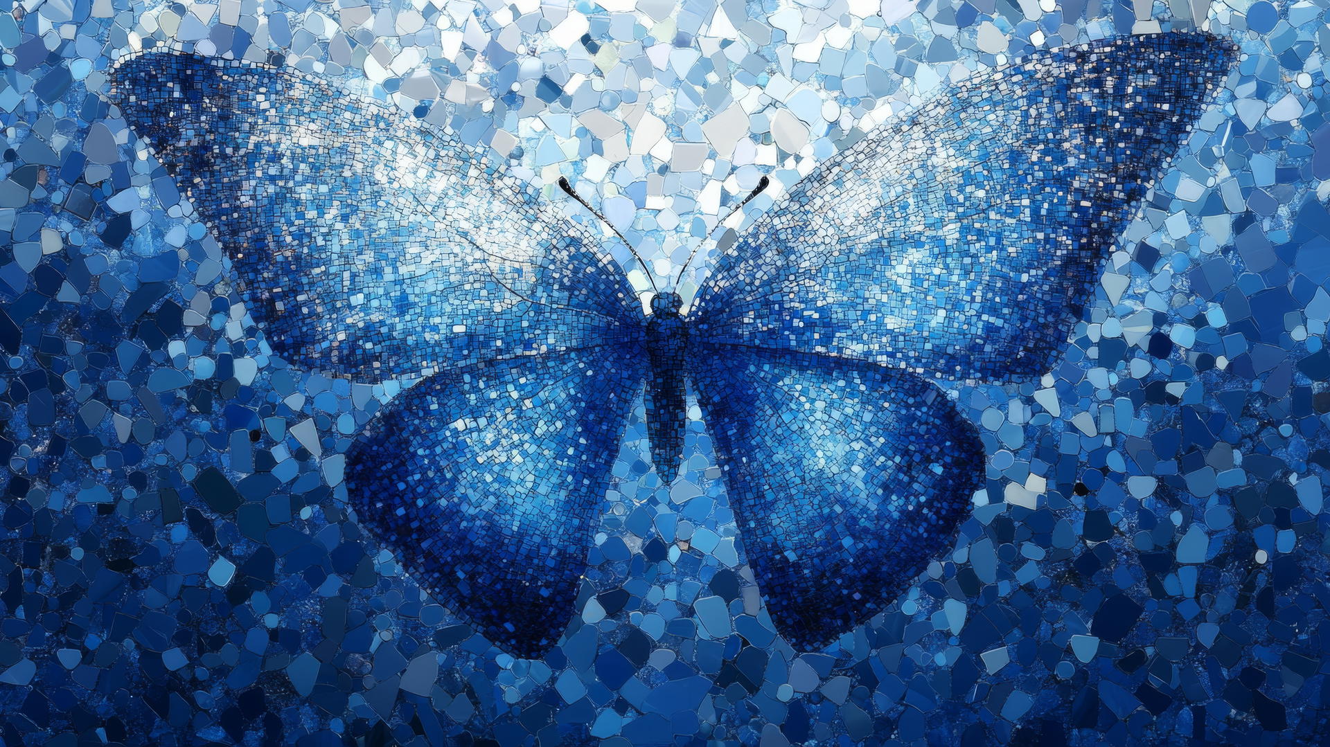 blue background wallpaper with a mosaic butterfly in shades of blue