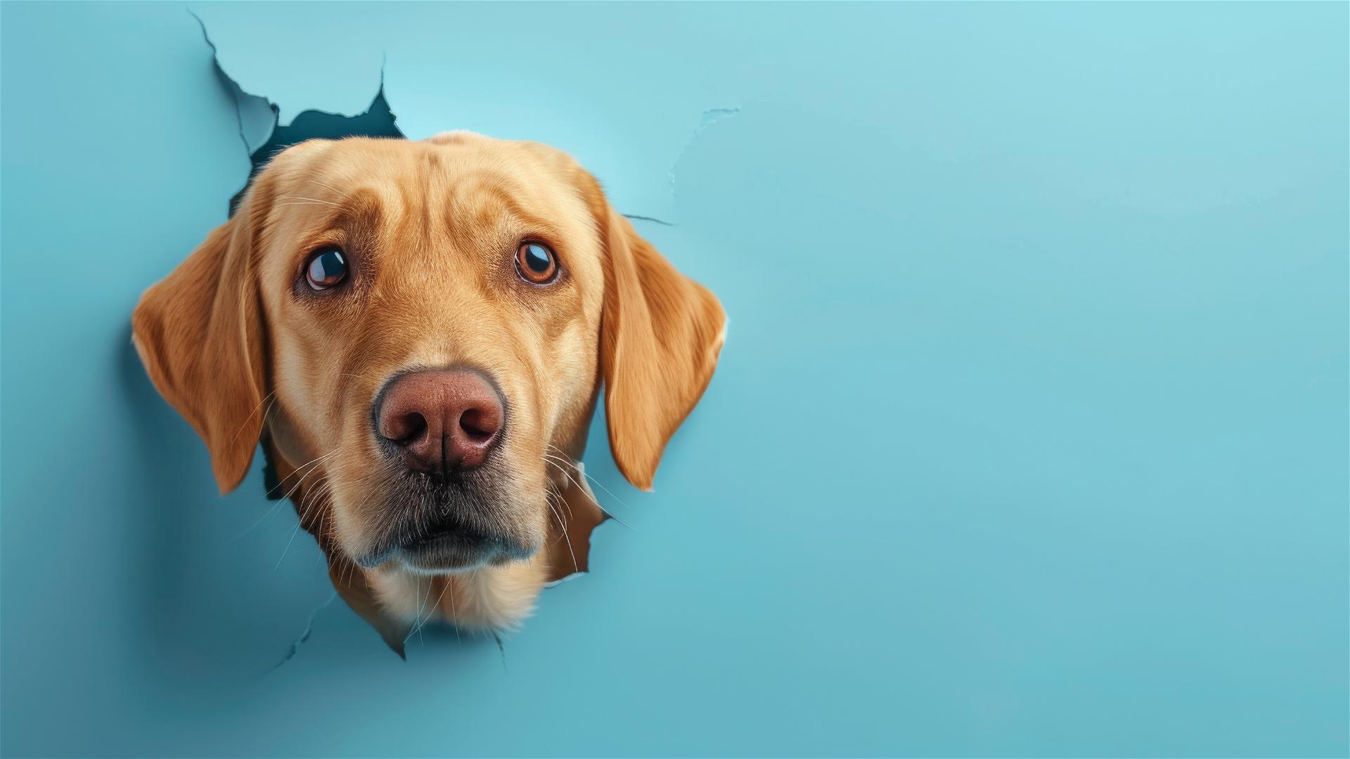 Colorful Labrador peeking through hole in sky blue wall