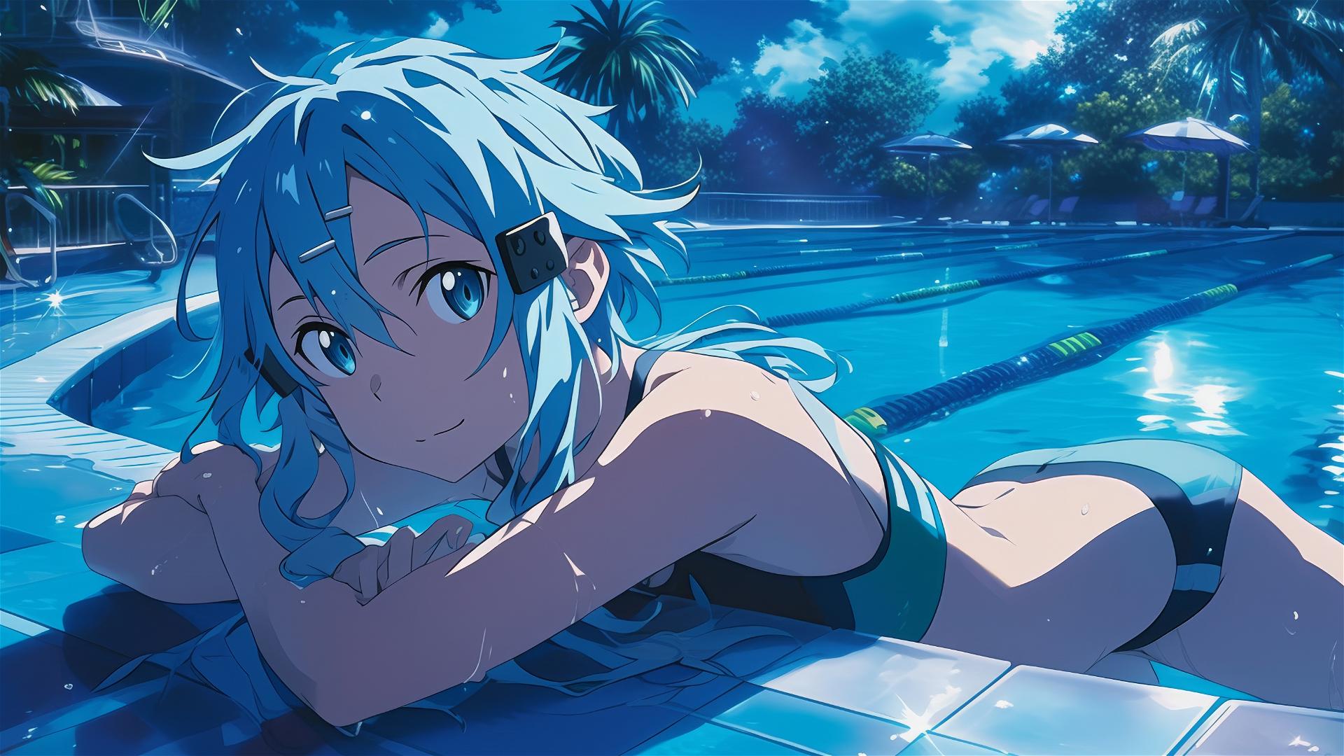 Sinon from Sword Art Online resting by the pool under moonlight
