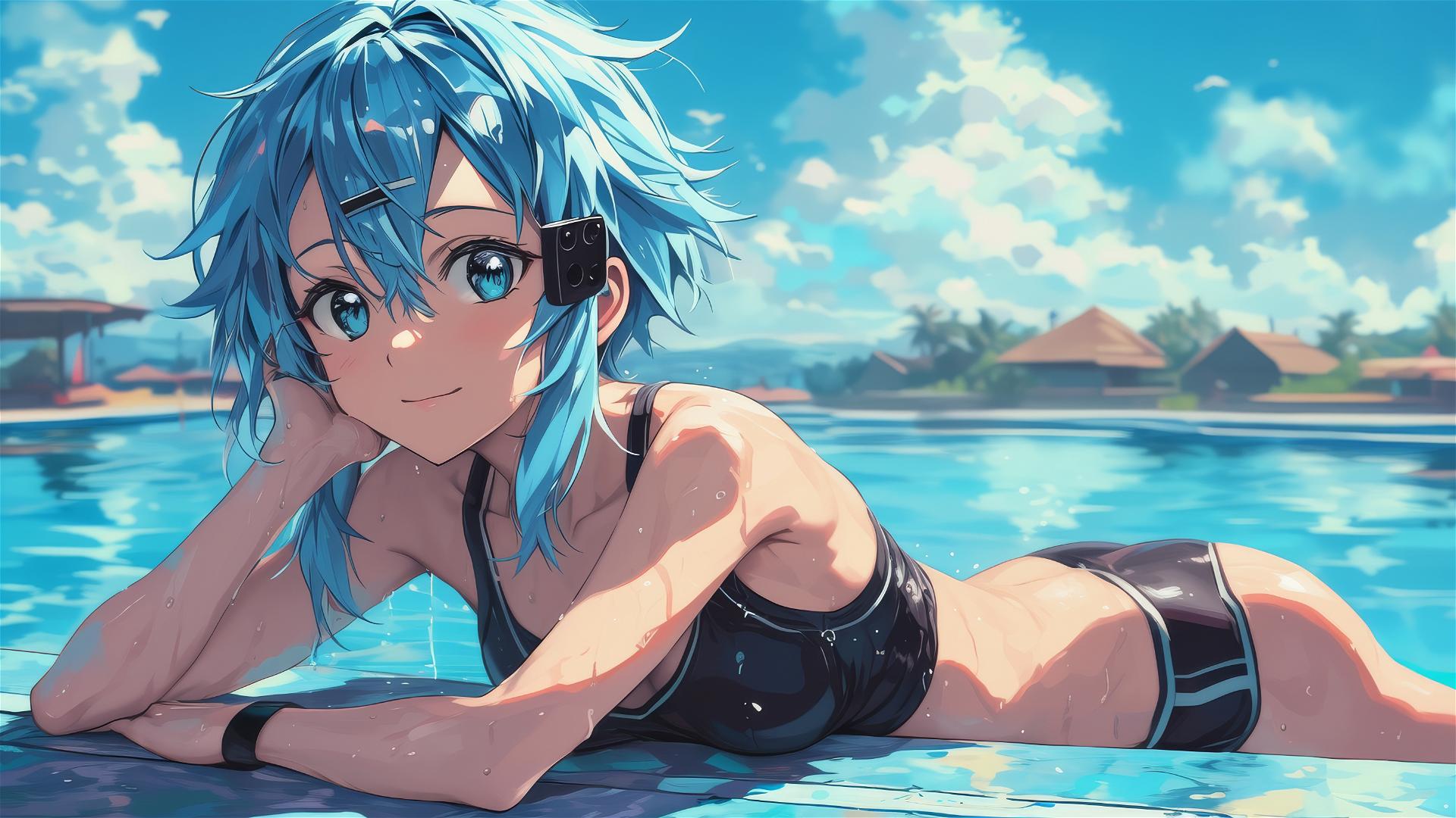 Sinon from Sword Art Online resting by pool under moonlight