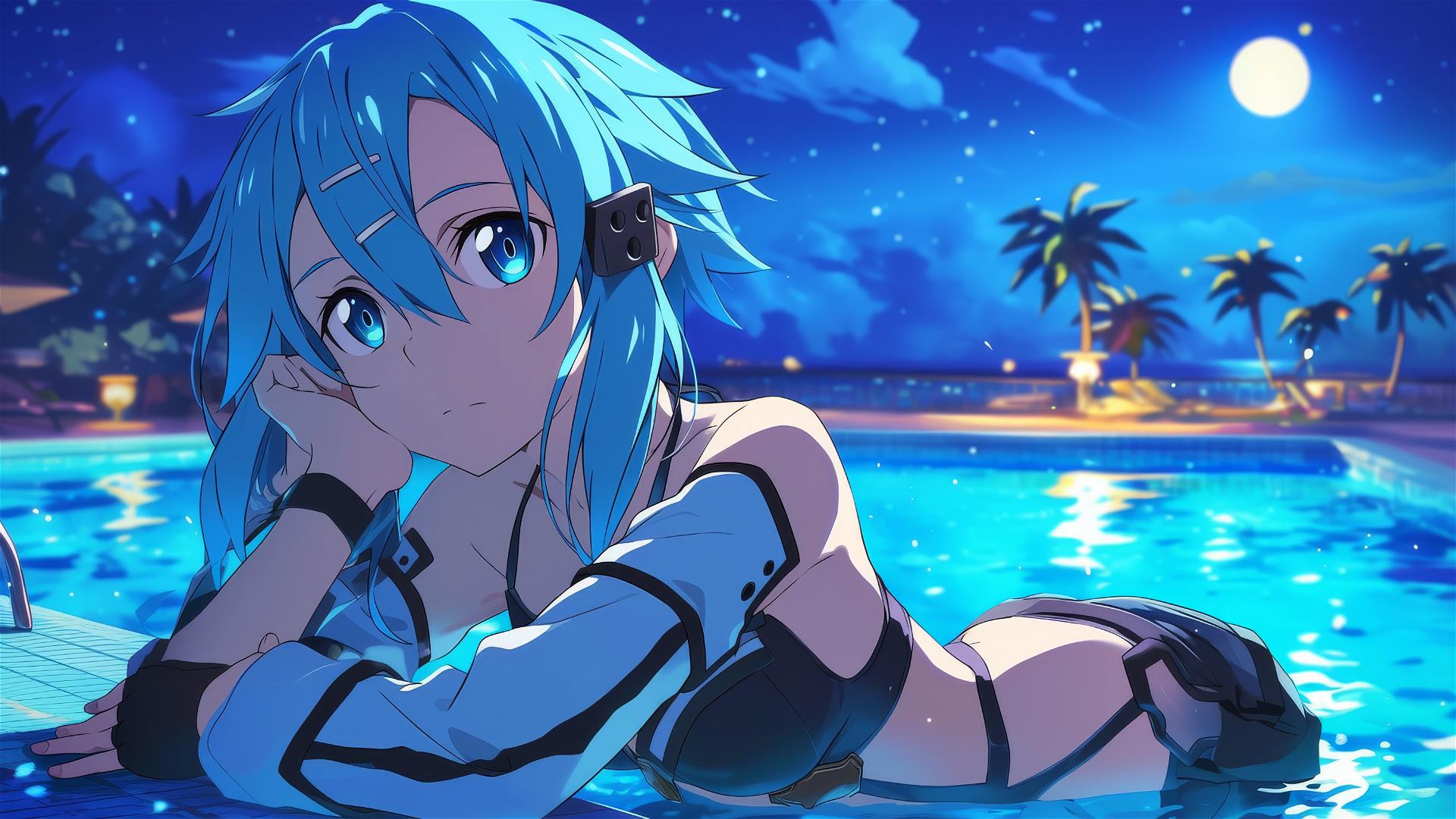 Sinon from Sword Art Online resting by a pool under moonlight