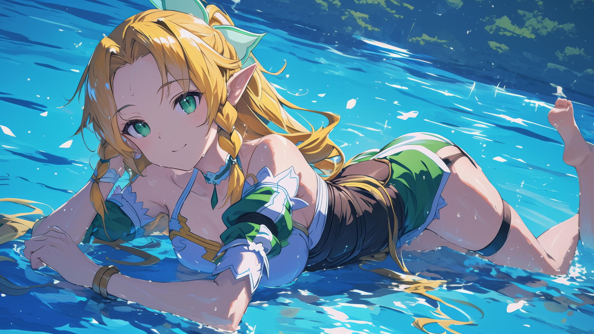 Leafa swimming in a pool under moonlight