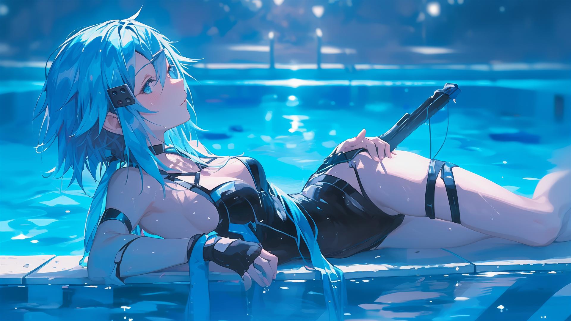 Sinon from Sword Art Online resting by the pool under moonlight