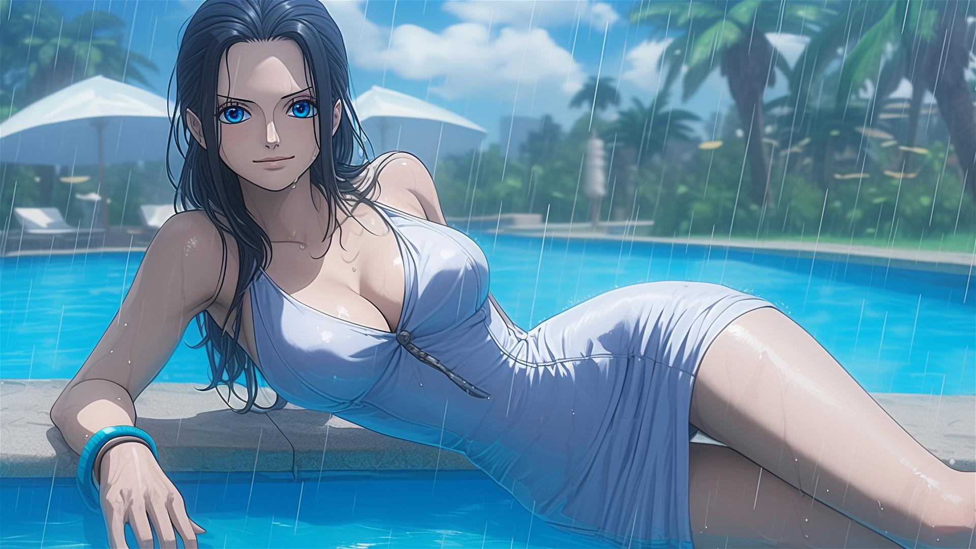 Nico Robin from One Piece in bunny girl pose by pool in moonlight, rain, blue eyes, white dress