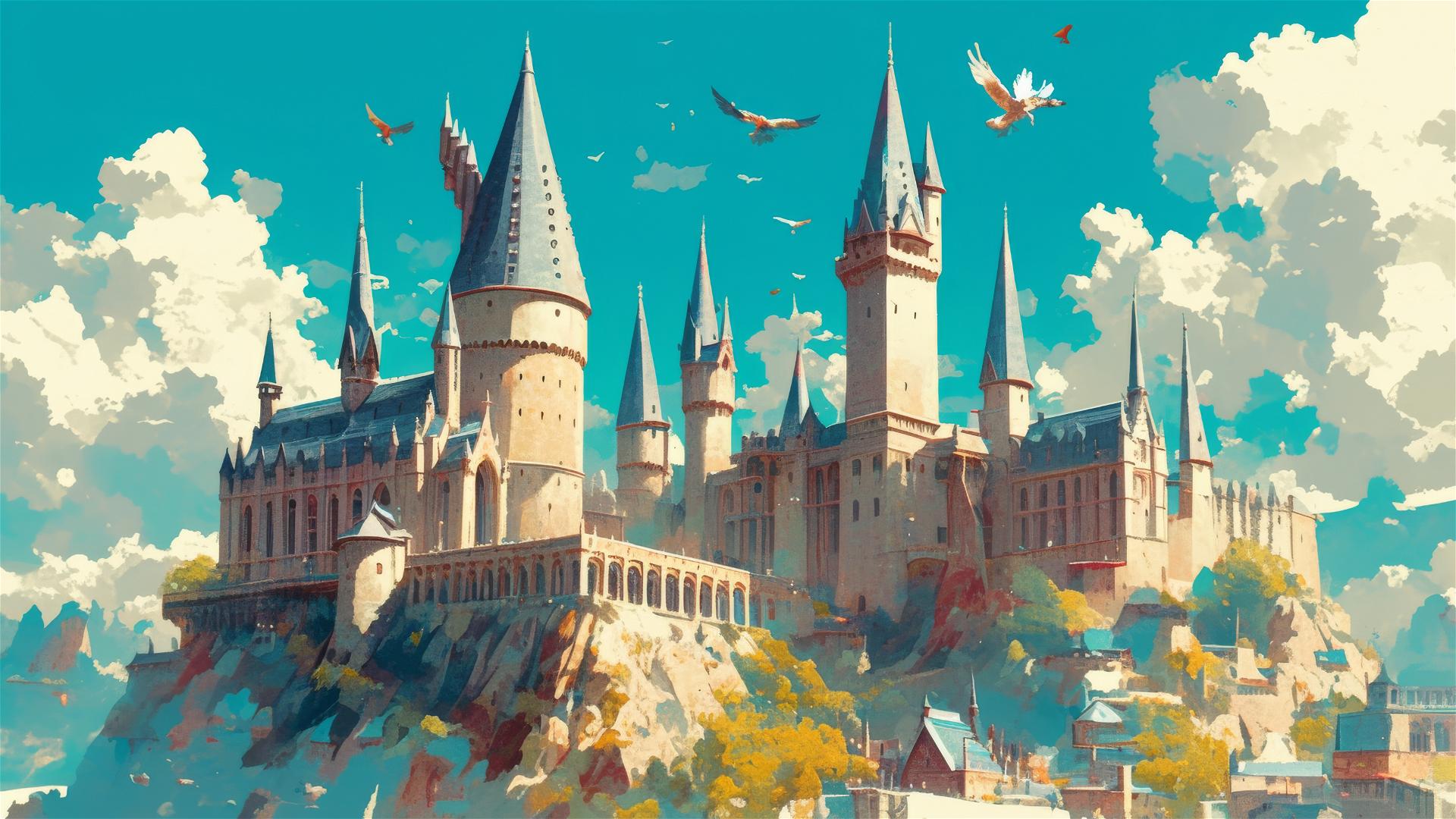 Artistic illustration of Hogwarts School from Harry Potter
